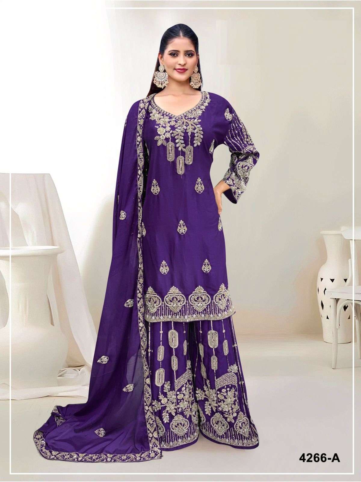 DESIGNER WEDDING PARTY WEAR REAL CHINON BEADS WORK PURPLE SHARARA SALWAR SUIT JG 4266 A