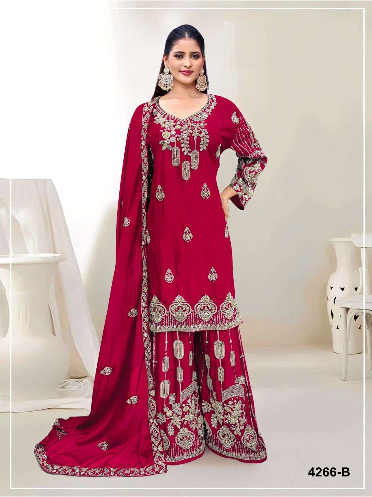 DESIGNER WEDDING PARTY WEAR REAL CHINON BEADS WORK RED SHARARA SALWAR SUIT JG 4266 B