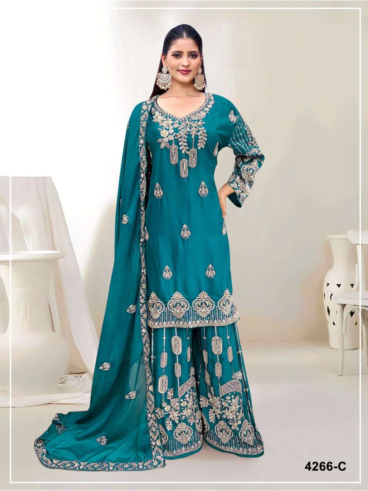 DESIGNER WEDDING PARTY WEAR REAL CHINON BEADS WORK TEAL BLUE SHARARA SALWAR SUIT JG 4266 C