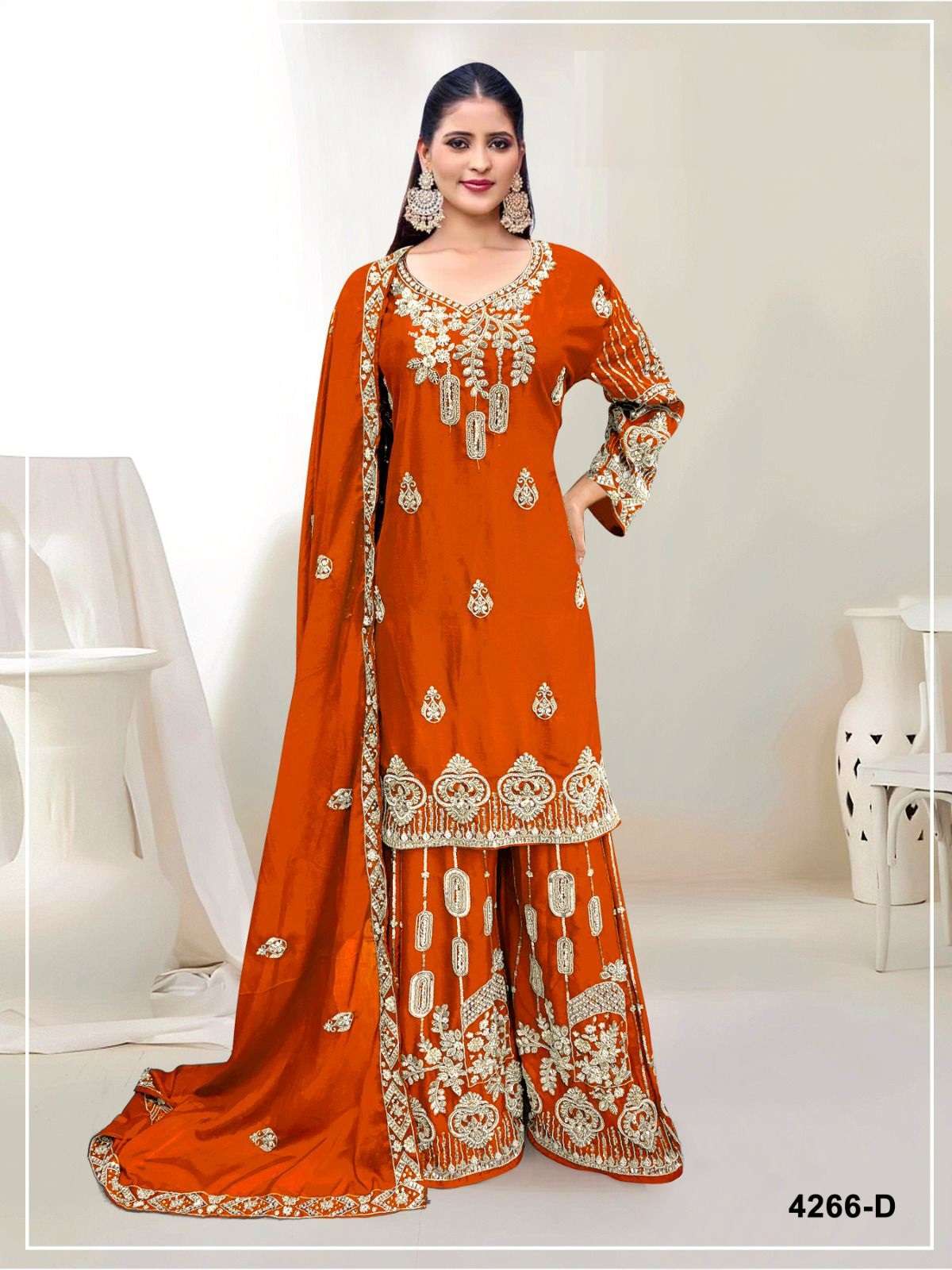 DESIGNER WEDDING PARTY WEAR REAL CHINON BEADS WORK ORANGE SHARARA SALWAR SUIT JG 4266 D