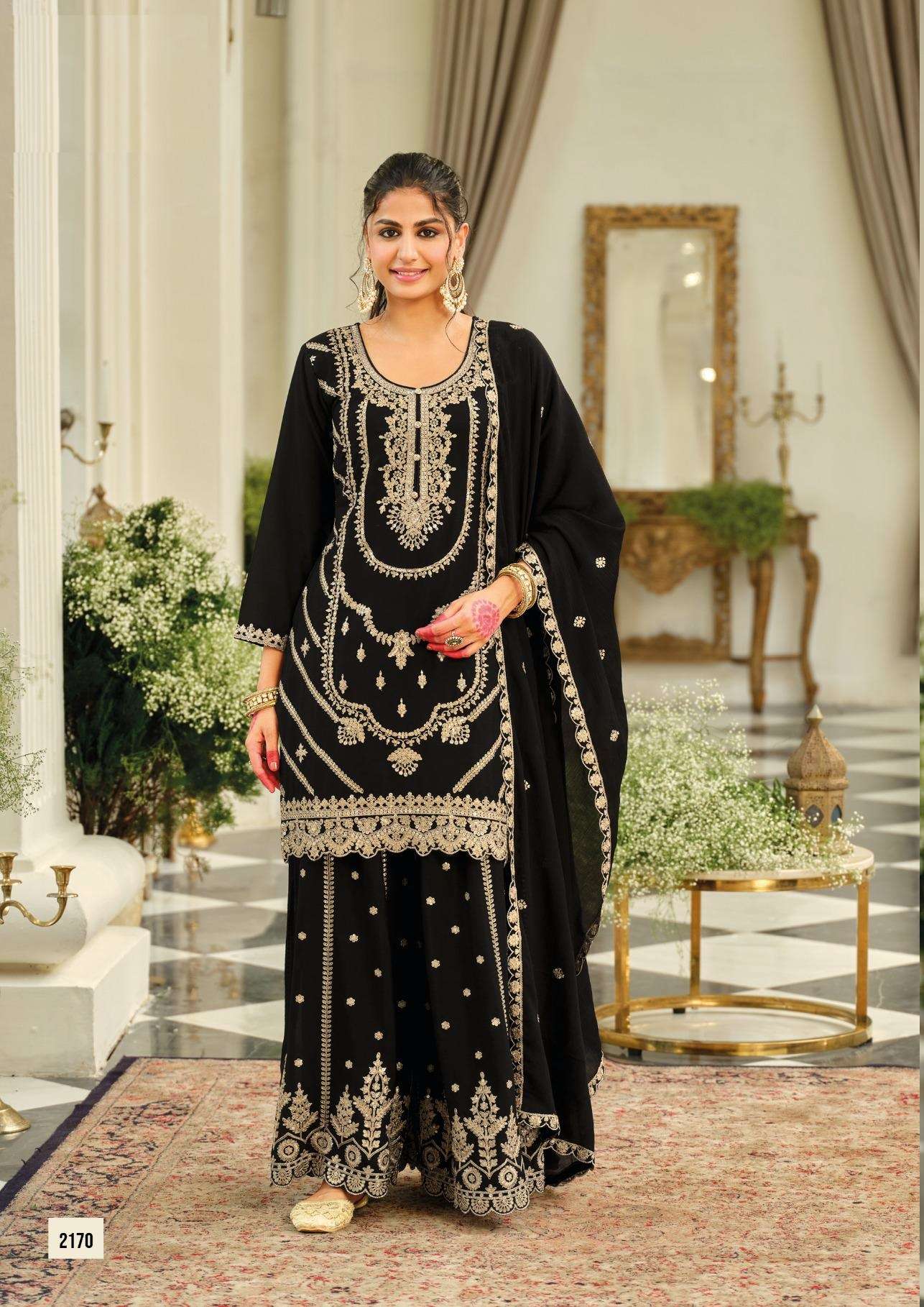DESIGNER WEDDING PARTY WEAR REAL CHINON BLACK SHARARA PALAZZO SALWAR SUIT EB KASHMIRA 2170