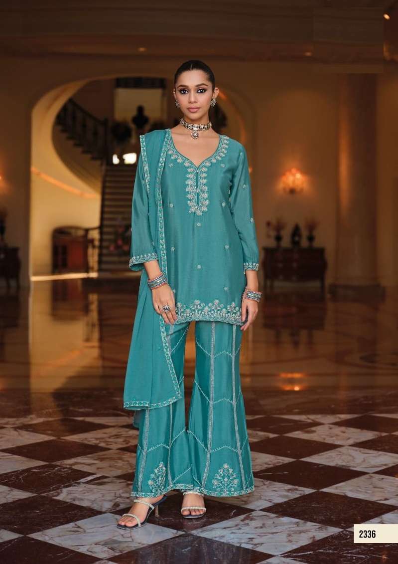 DESIGNER WEDDING PARTY WEAR REAL CHINON BLUE PALAZZO SHARARA SALWAR SUIT EB MIRHA 2336
