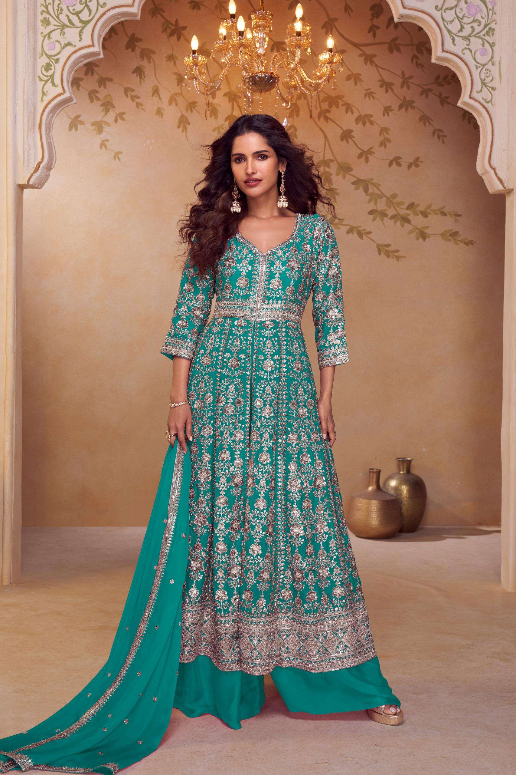 DESIGNER WEDDING PARTY WEAR REAL CHINON BLUE PALAZZO SHARARA SALWAR SUIT GL SEERAT 7666 C