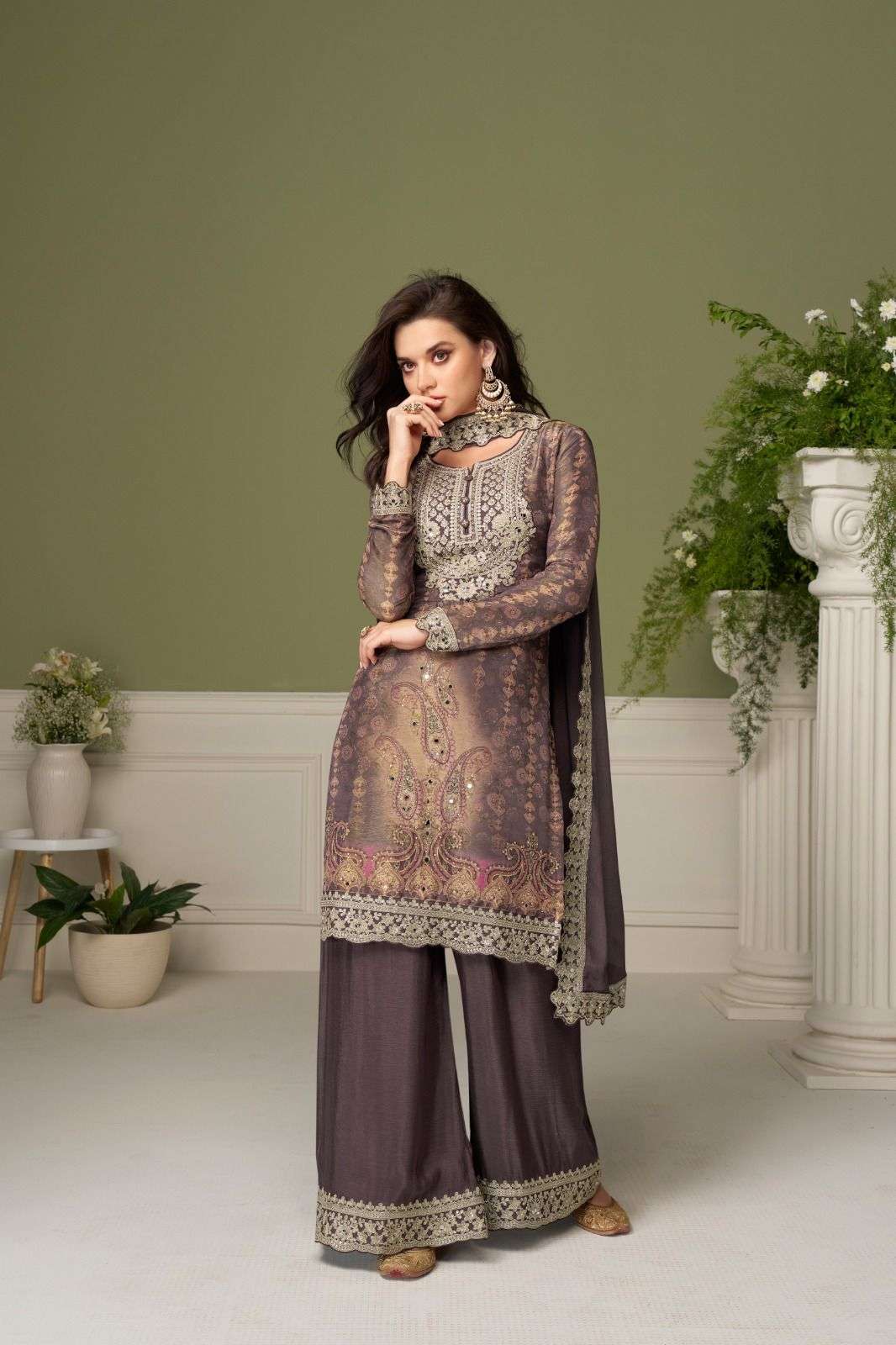 DESIGNER WEDDING PARTY WEAR REAL CHINON BROWN PALAZZO SHARARA SALWAR SUIT GL BISHRA 7598