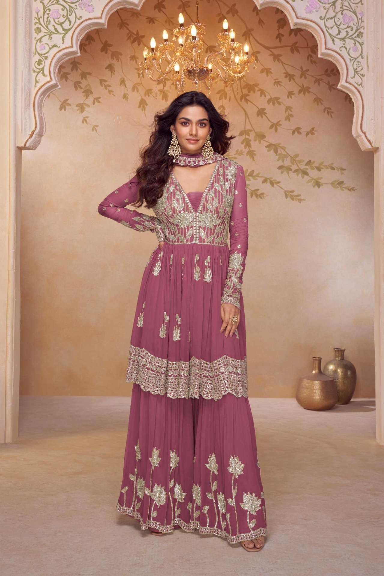 DESIGNER WEDDING PARTY WEAR REAL CHINON DEEP PINK PALAZZO SHARARA SALWAR SUIT GL HEER 7634 B