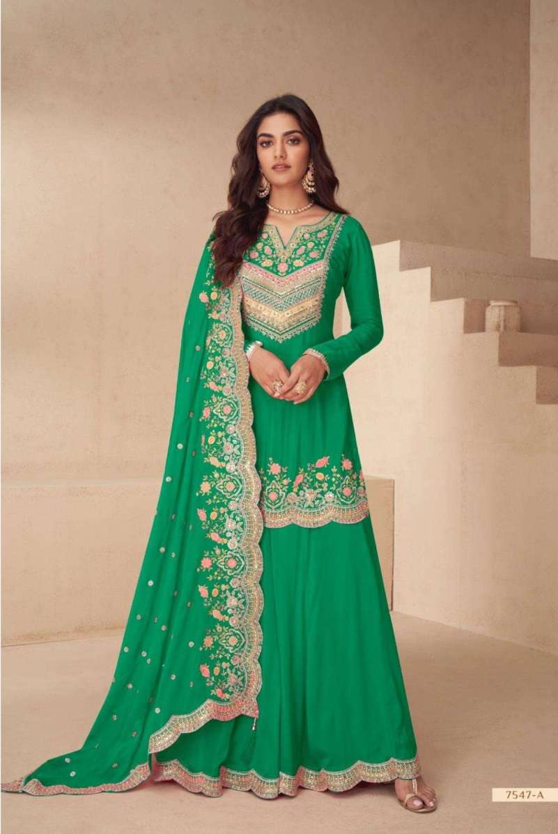 DESIGNER WEDDING PARTY WEAR REAL CHINON GREEN PALAZZO SHARARA SALWAR SUIT GL ARCHANA 7547 A