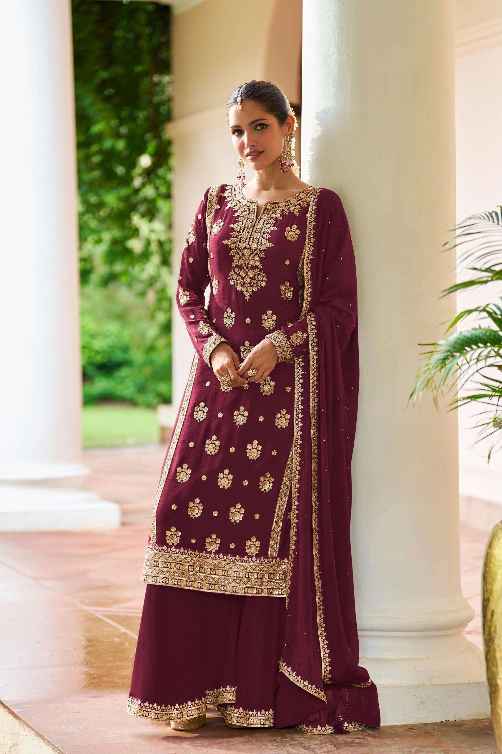 DESIGNER WEDDING PARTY WEAR REAL CHINON MAGENTA PALAZZO SHARARA SALWAR SUIT GL FARIDA 7671 A