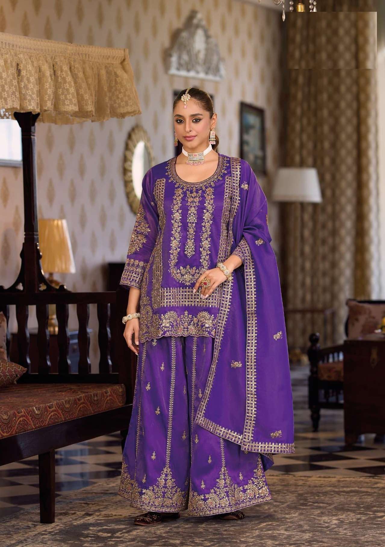DESIGNER WEDDING PARTY WEAR REAL CHINON PALAZZO PURPLE SHARARA SALWAR SUIT EB AFRIN 1853