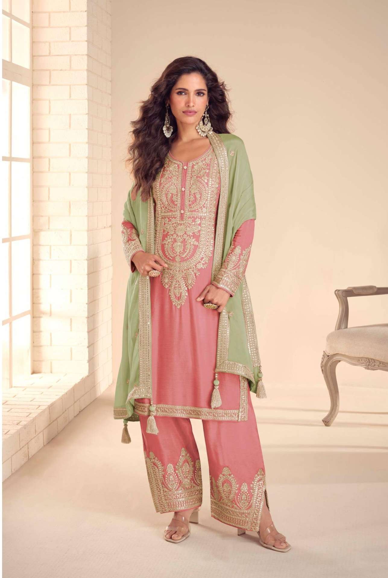 DESIGNER WEDDING PARTY WEAR REAL CHINON PINK PALAZZO SHARARA SALWAR SUIT GL SADIKA 7630 B