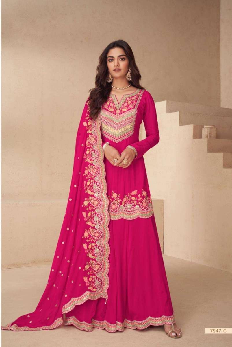 DESIGNER WEDDING PARTY WEAR REAL CHINON PINK PALAZZO SHARARA SALWAR SUIT GL ARCHANA 7547 C