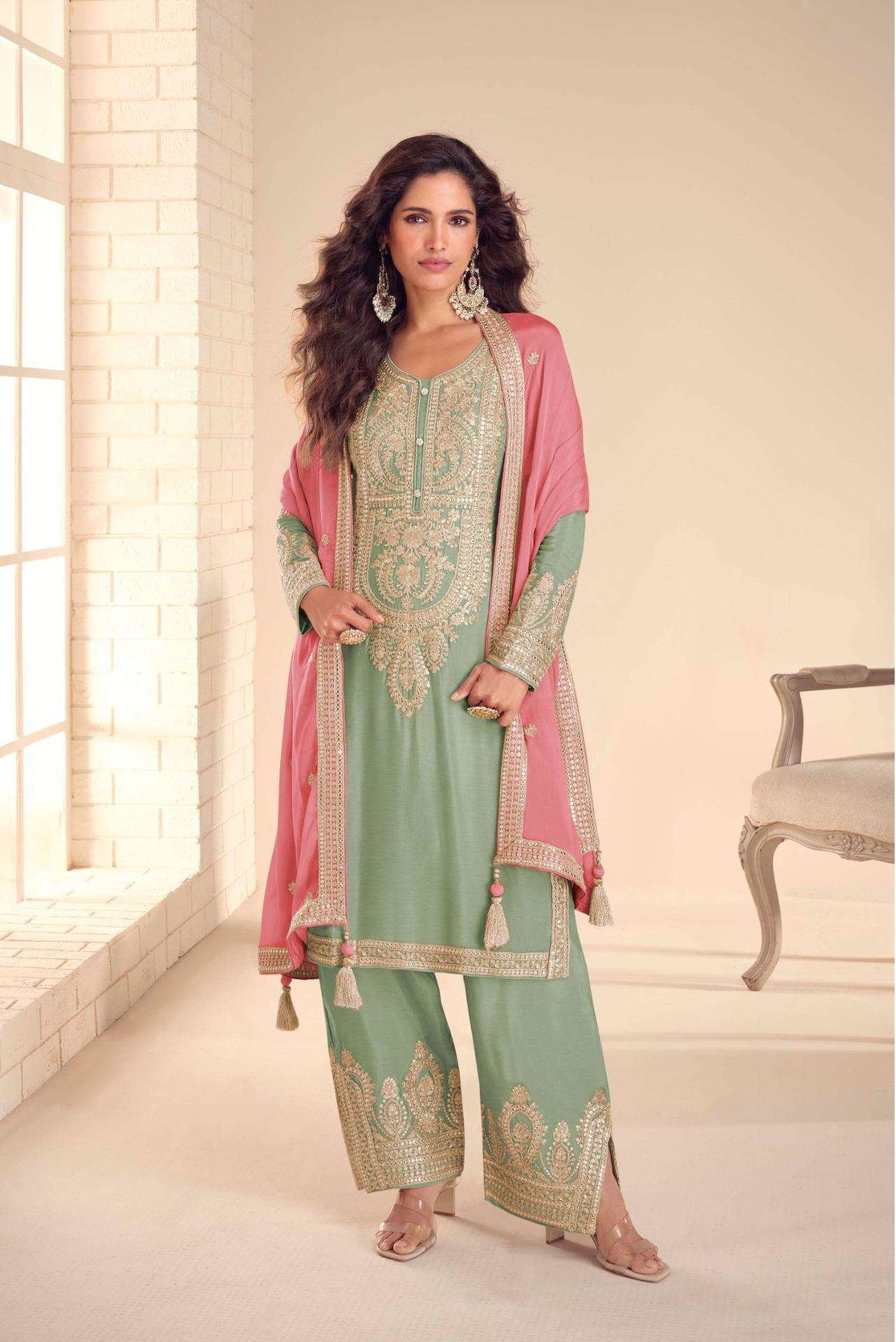 DESIGNER WEDDING PARTY WEAR REAL CHINON PISTA GREEN PALAZZO SHARARA SALWAR SUIT GL SADIKA 7630 A