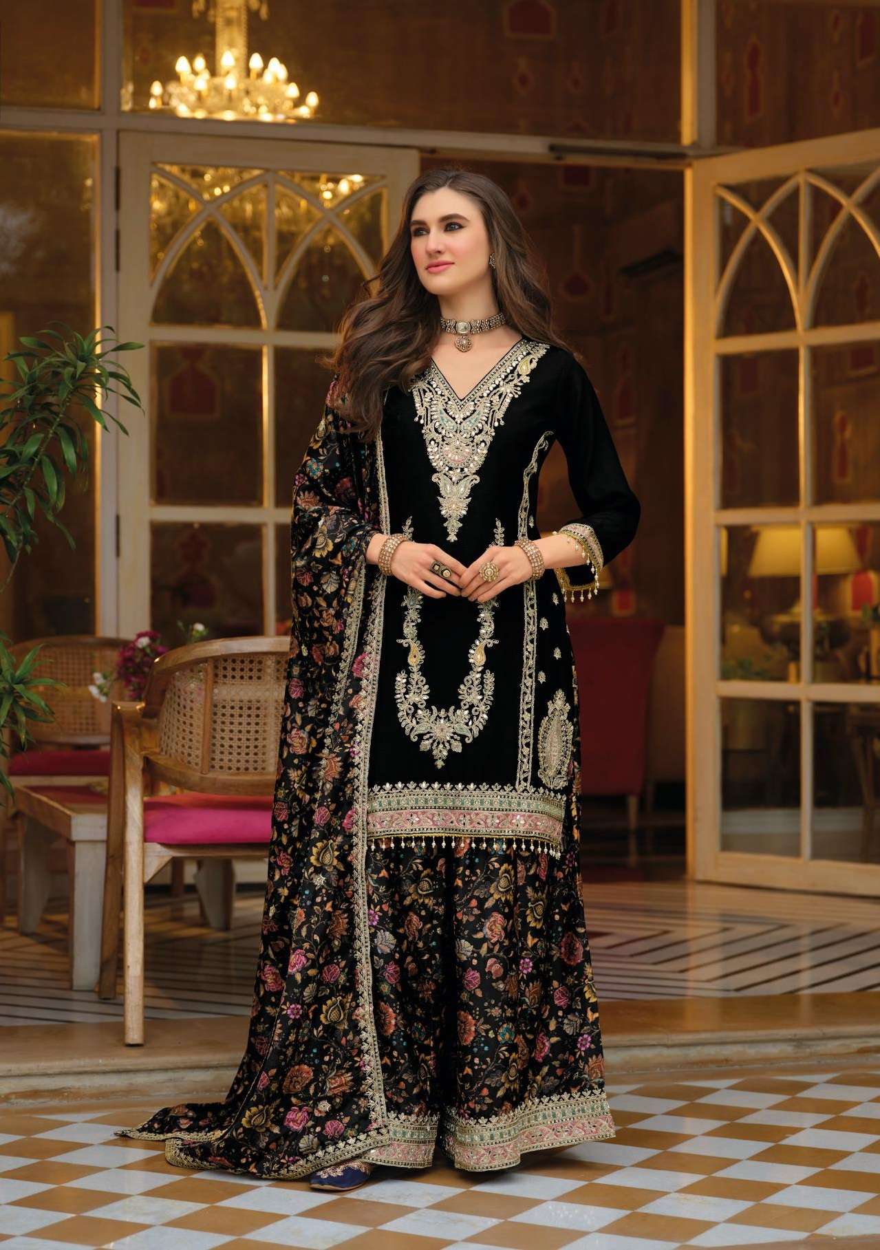 DESIGNER WEDDING PARTY WEAR REAL CHINON PRINTED BLACK PALAZZO SHARARA SALWAR SUIT EB RANG 2423