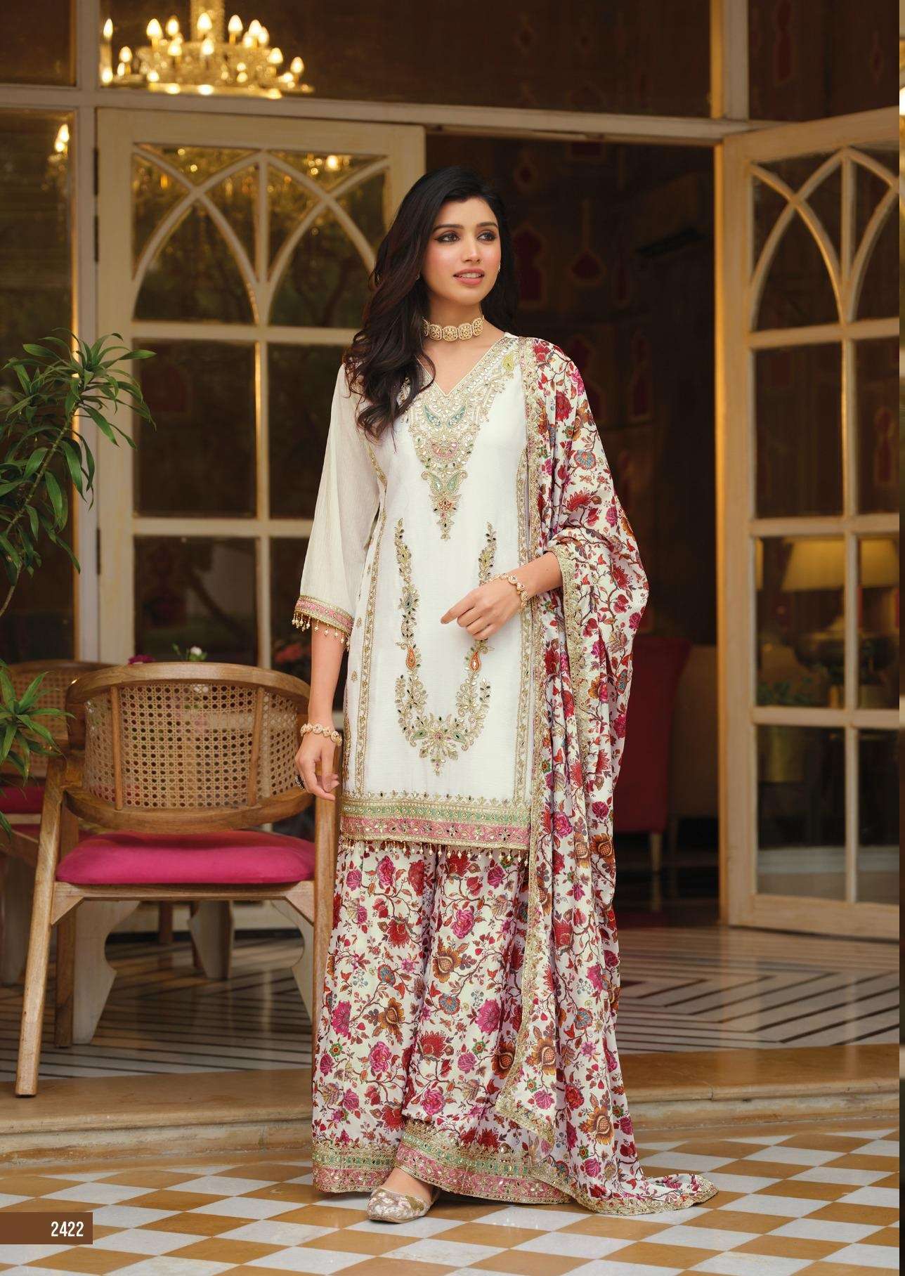 DESIGNER WEDDING PARTY WEAR REAL CHINON PRINTED WHITE PALAZZO SHARARA SALWAR SUIT EB RANG 2422