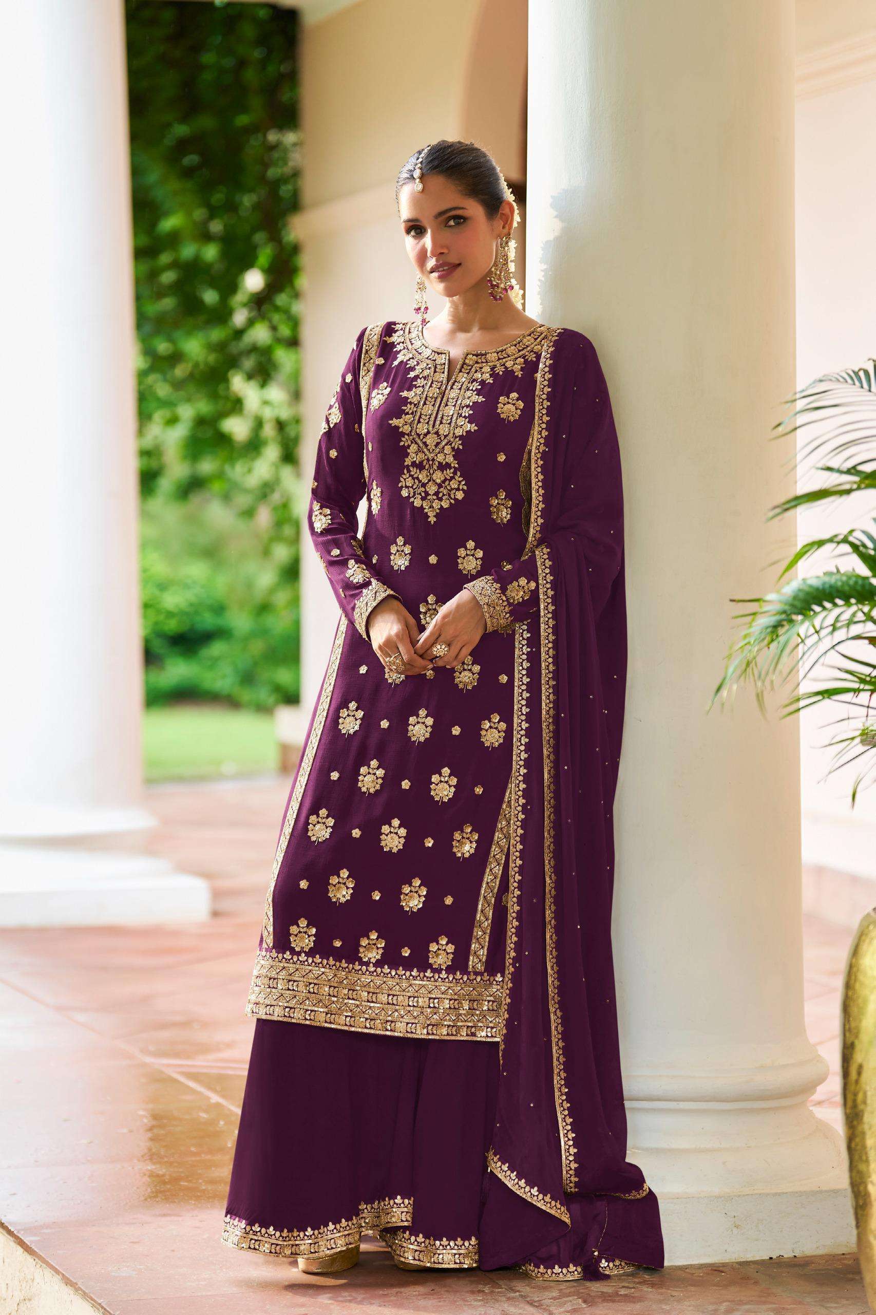 DESIGNER WEDDING PARTY WEAR REAL CHINON PURPLE PALAZZO SHARARA SALWAR SUIT GL FARIDA 7671 D