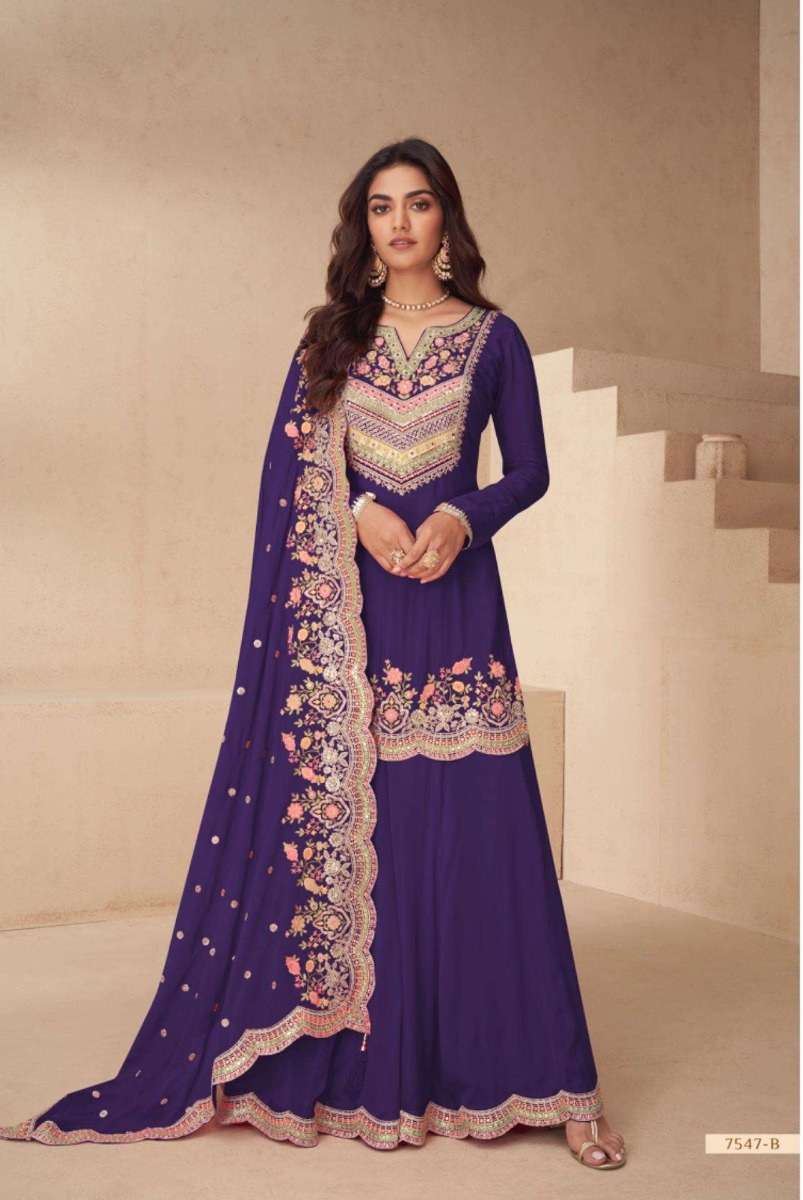 DESIGNER WEDDING PARTY WEAR REAL CHINON PURPLE PALAZZO SHARARA SALWAR SUIT GL ARCHANA 7547 B