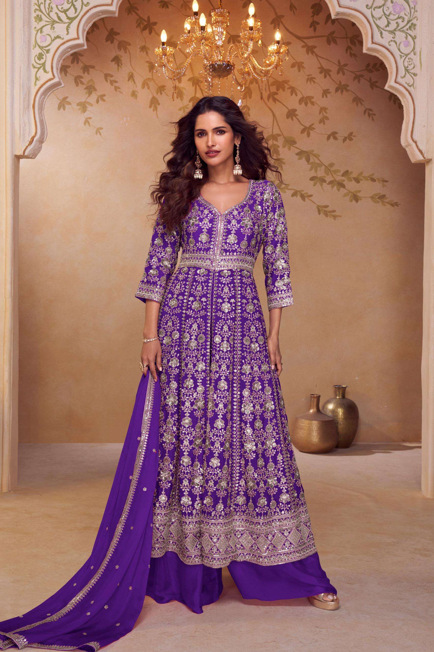 DESIGNER WEDDING PARTY WEAR REAL CHINON PURPLE PALAZZO SHARARA SALWAR SUIT GL SEERAT 7666 B