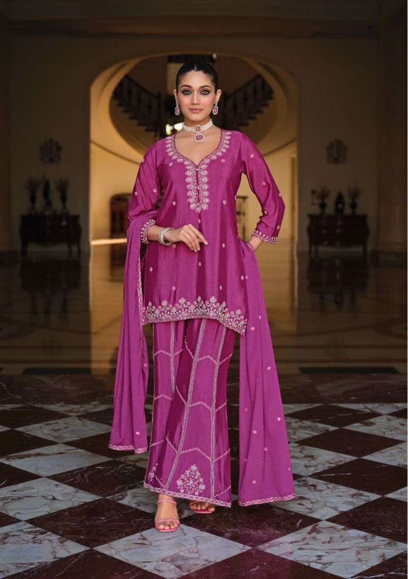 DESIGNER WEDDING PARTY WEAR REAL CHINON PURPLE PINK PALAZZO SHARARA SALWAR SUIT EB MIRHA 2337