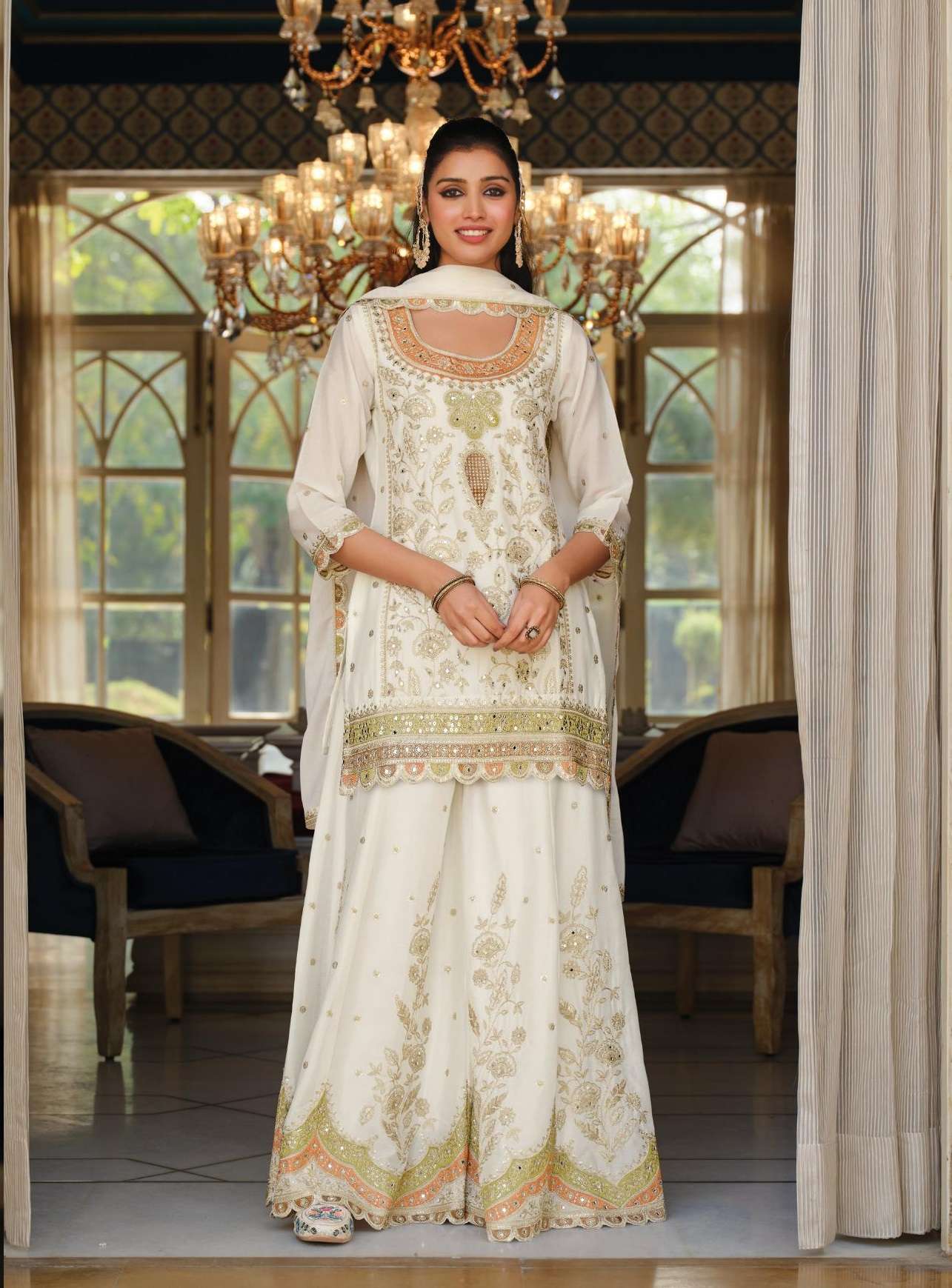 DESIGNER WEDDING PARTY WEAR REAL CHINON SHARARA PALAZZO SALWAR SUIT EB ANOKHI 2418