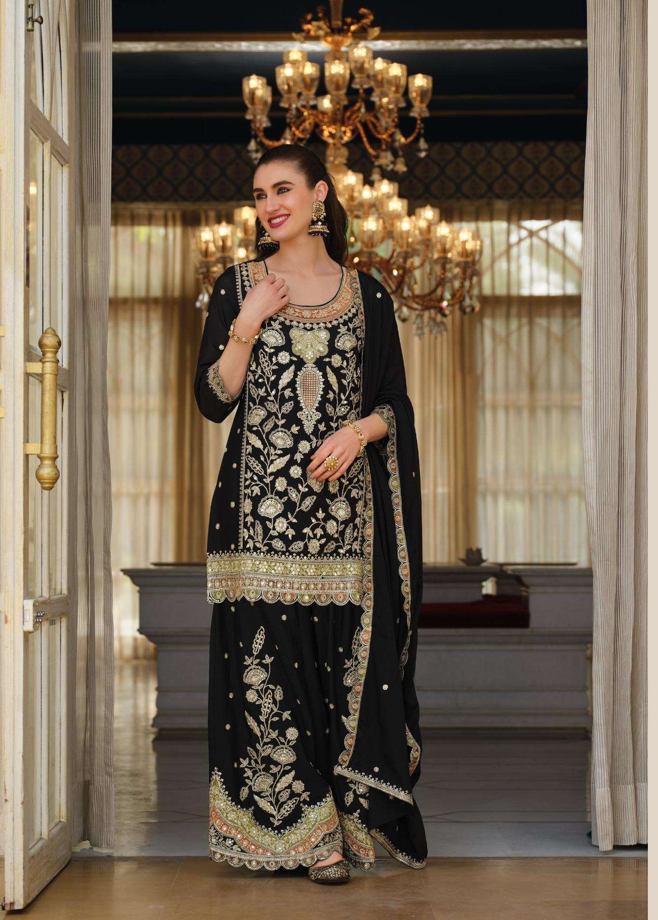 DESIGNER WEDDING PARTY WEAR REAL CHINON SHARARA PALAZZO SALWAR SUIT EB ANOKHI 2419