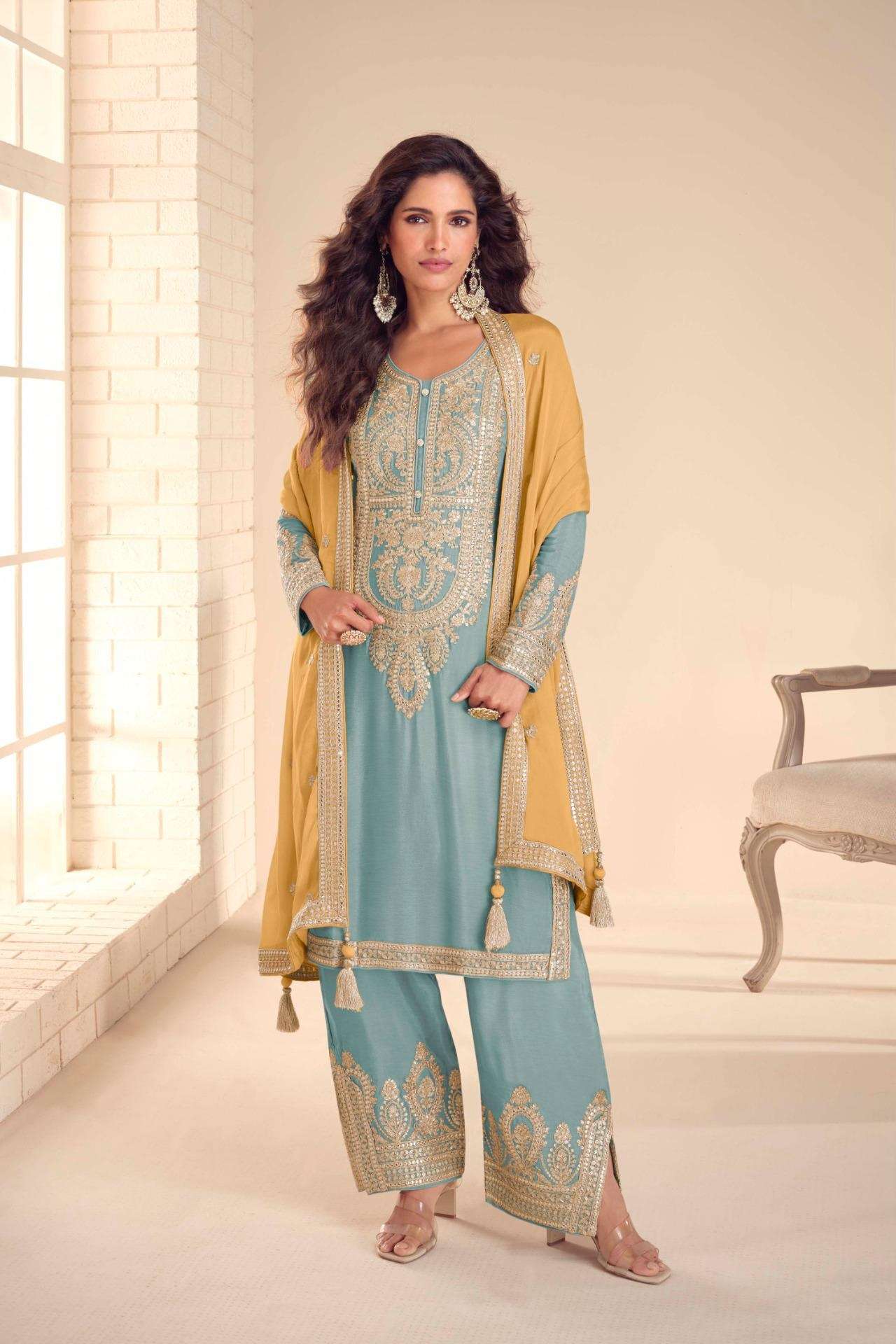 DESIGNER WEDDING PARTY WEAR REAL CHINON SKY BLUE PALAZZO SHARARA SALWAR SUIT GL SADIKA 7630 C