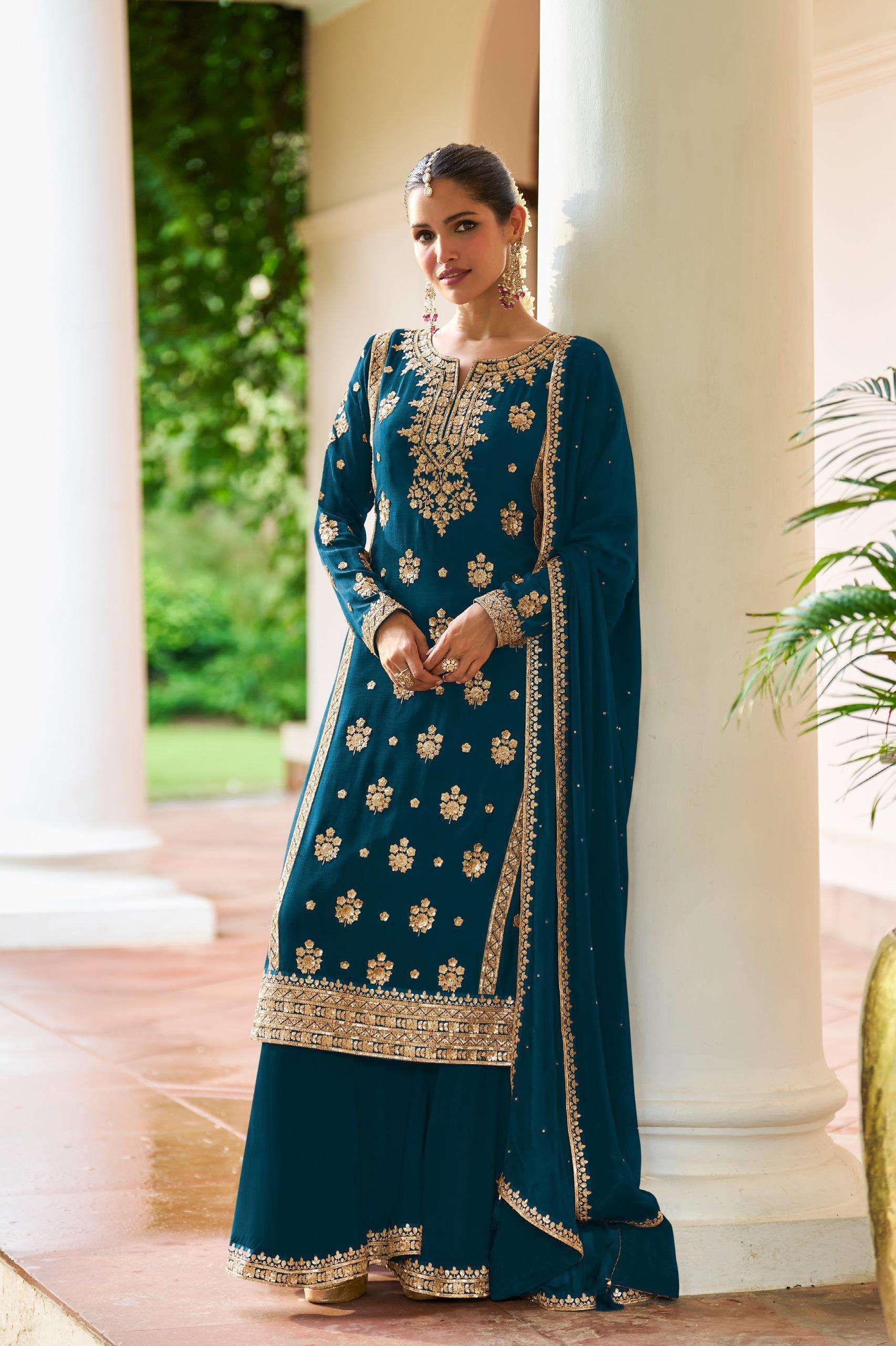 DESIGNER WEDDING PARTY WEAR REAL CHINON TEAL BLUE PALAZZO SHARARA SALWAR SUIT GL FARIDA 7671 C