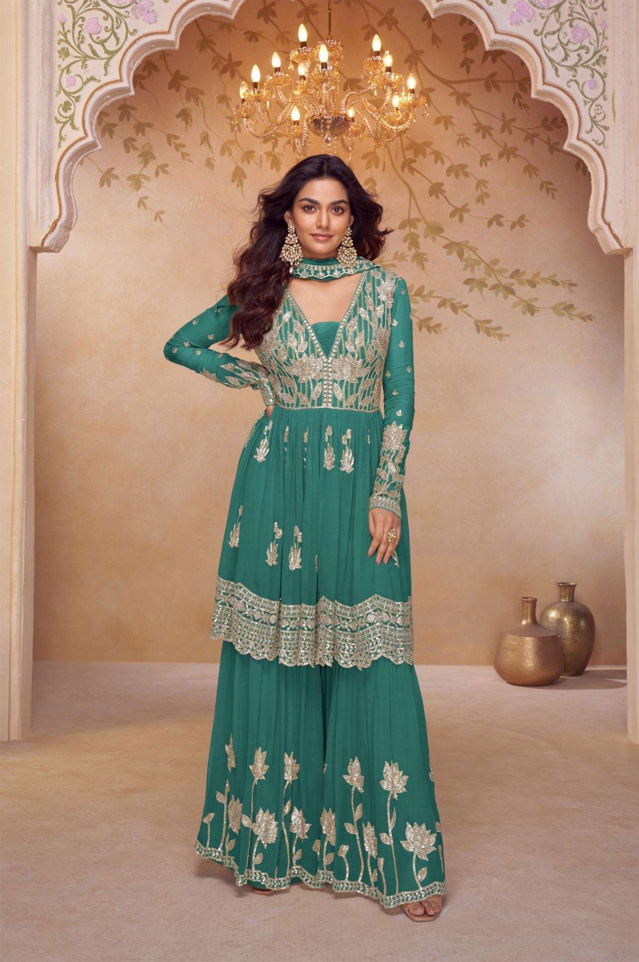 DESIGNER WEDDING PARTY WEAR REAL CHINON TEAL BLUE PALAZZO SHARARA SALWAR SUIT GL HEER 7634 C