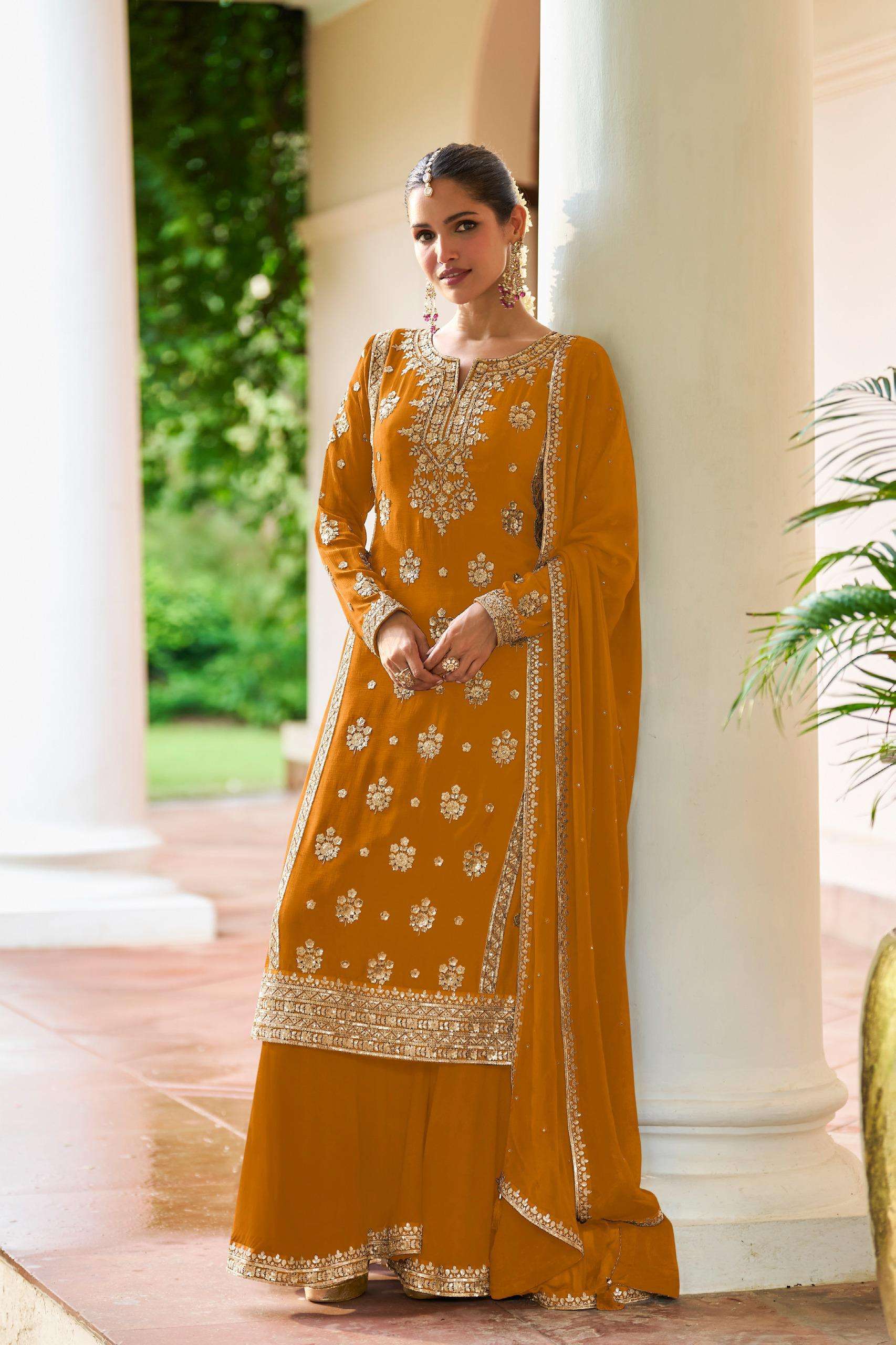 DESIGNER WEDDING PARTY WEAR REAL CHINON YELLOW PALAZZO SHARARA SALWAR SUIT GL FARIDA 7671 B