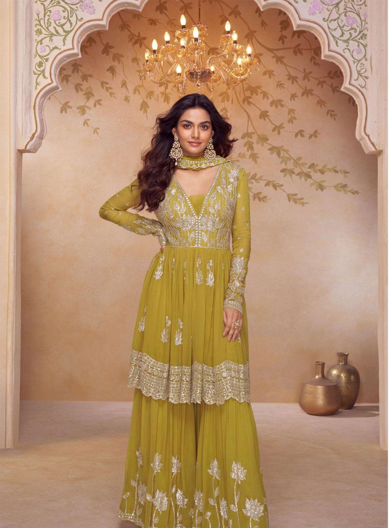 DESIGNER WEDDING PARTY WEAR REAL CHINON YELLOW PALAZZO SHARARA SALWAR SUIT GL HEER 7634 A