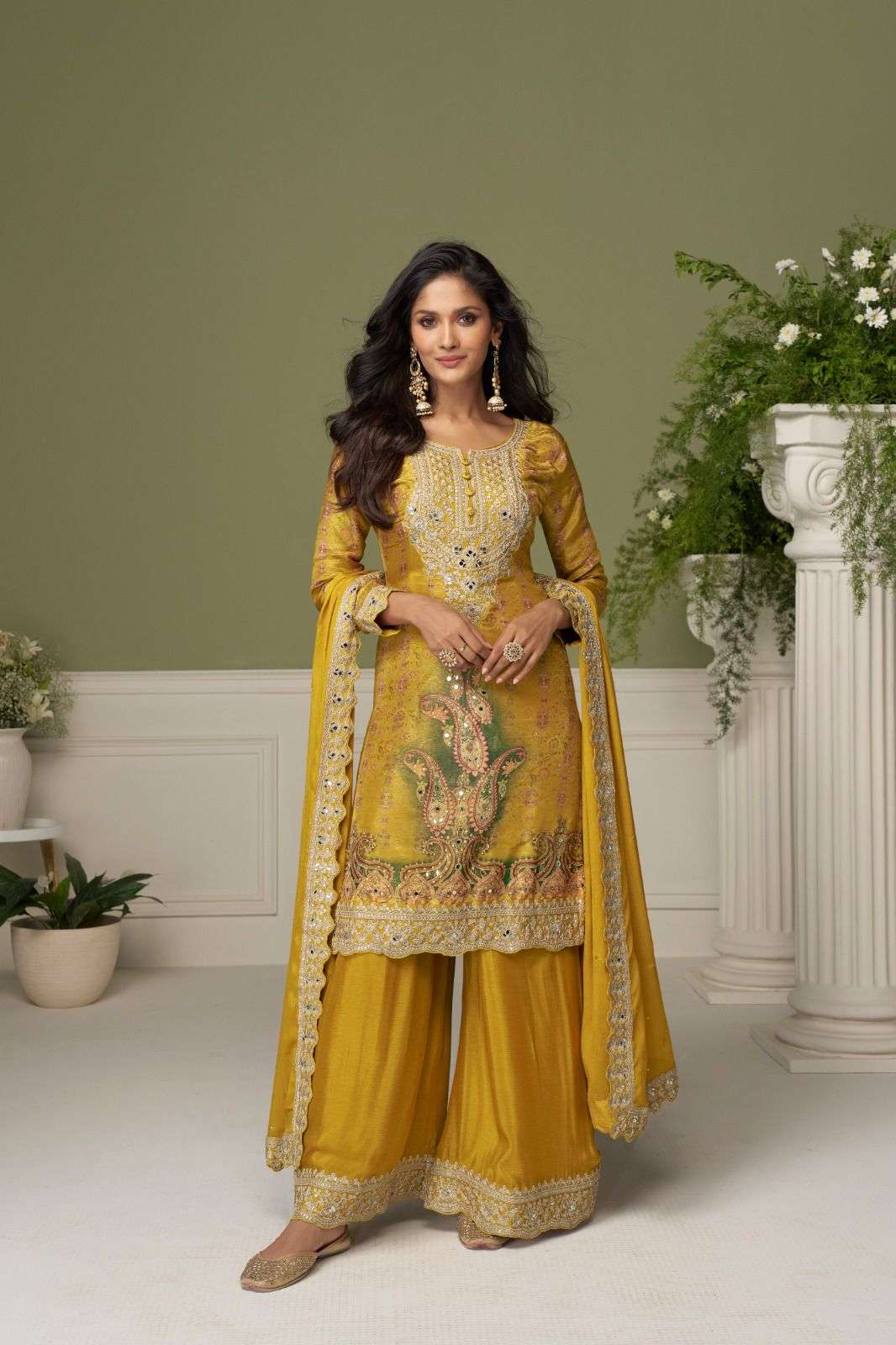 DESIGNER WEDDING PARTY WEAR REAL CHINON YELLOW PALAZZO SHARARA SALWAR SUIT GL BISHRA 7599