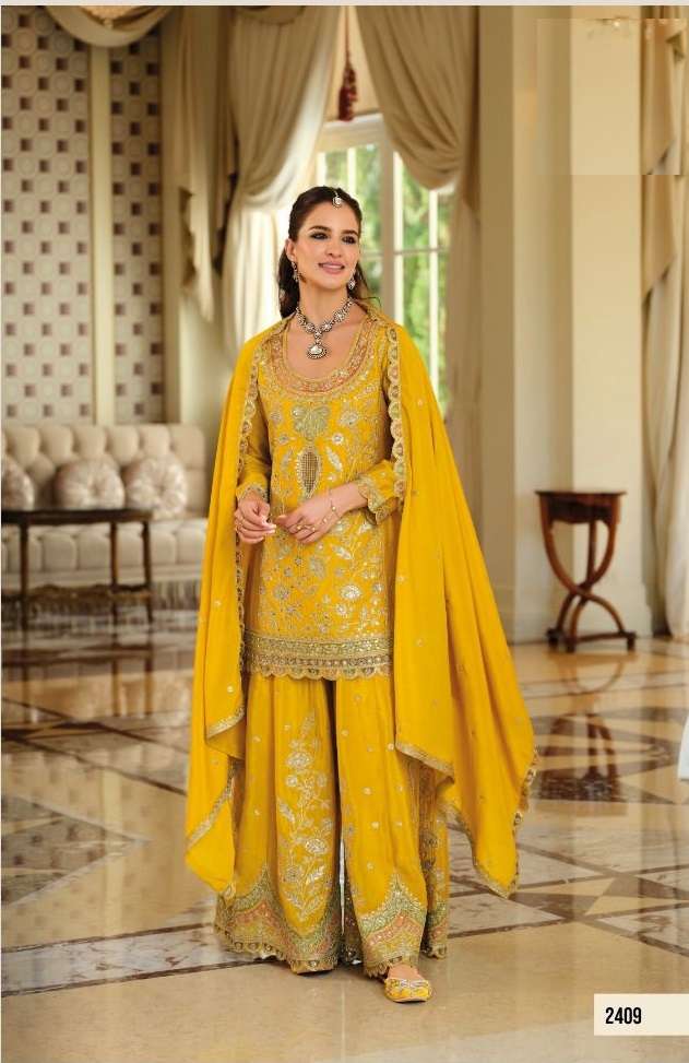 DESIGNER WEDDING PARTY WEAR REAL CHINON YELLOW SHARARA SALWAR SUIT EB ANOKHI 2409