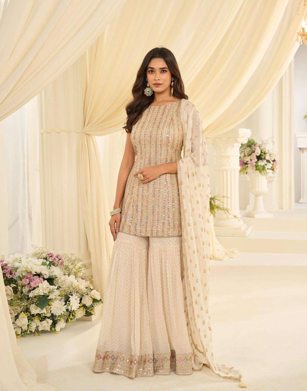 DESIGNER WEDDING PARTY WEAR REAL GEORGETTE BEIGE SHARARA PALLAZO SALWAR SUIT SY VANYA 10222