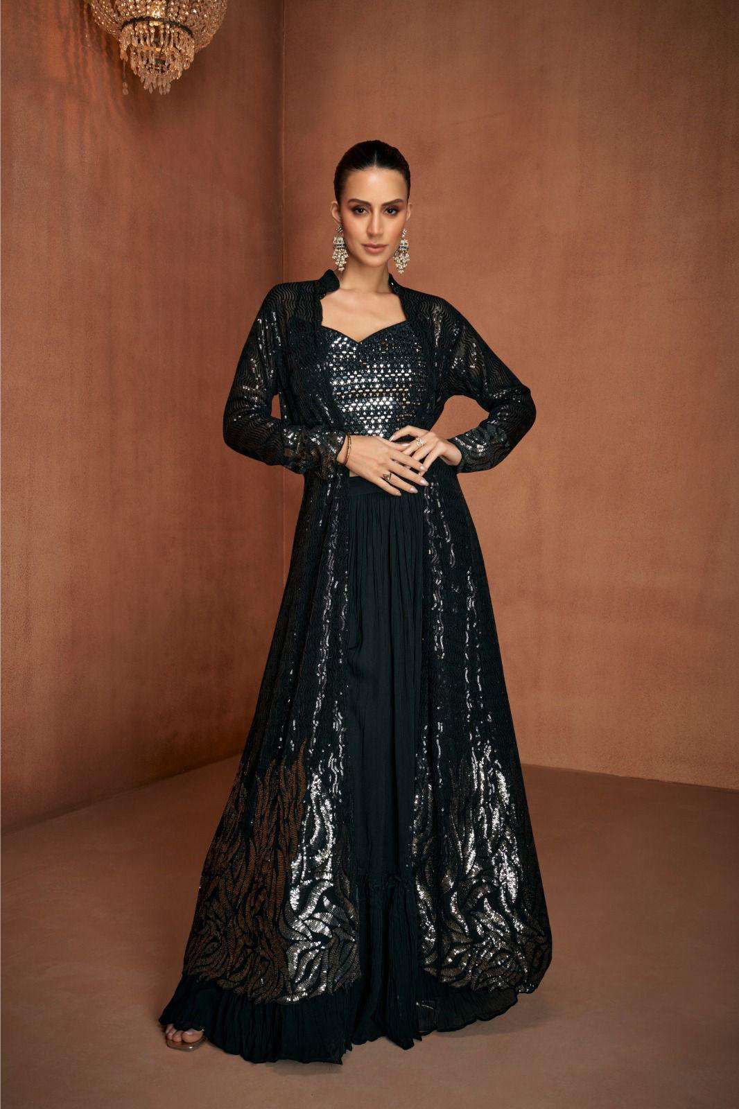 DESIGNER WEDDING PARTY WEAR REAL GEORGETTE BLACK KOTI BLOUSE SHARARA SUIT LEHENGA STYLE GL VIVAH 7579 C