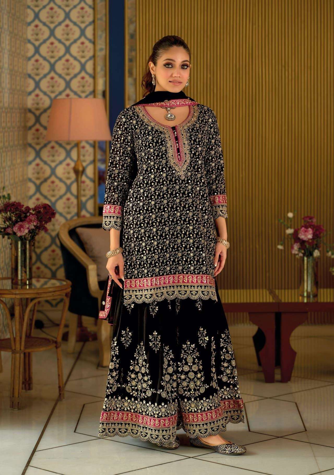 DESIGNER WEDDING PARTY WEAR REAL GEORGETTE BLACK SHARARA PALLAZO SALWAR SUIT EB ARMANI 2413