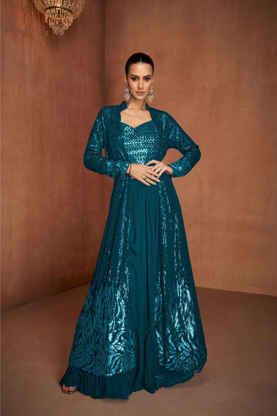 DESIGNER WEDDING PARTY WEAR REAL GEORGETTE BLUE KOTI BLOUSE SHARARA SUIT LEHENGA STYLE GL VIVAH 7579 A