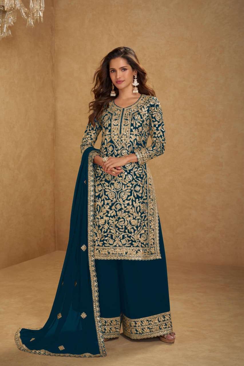 DESIGNER WEDDING PARTY WEAR REAL GEORGETTE HEAVY BLUE SHARARA PALLAZO SALWAR SUIT GL SUHANI 7672 B
