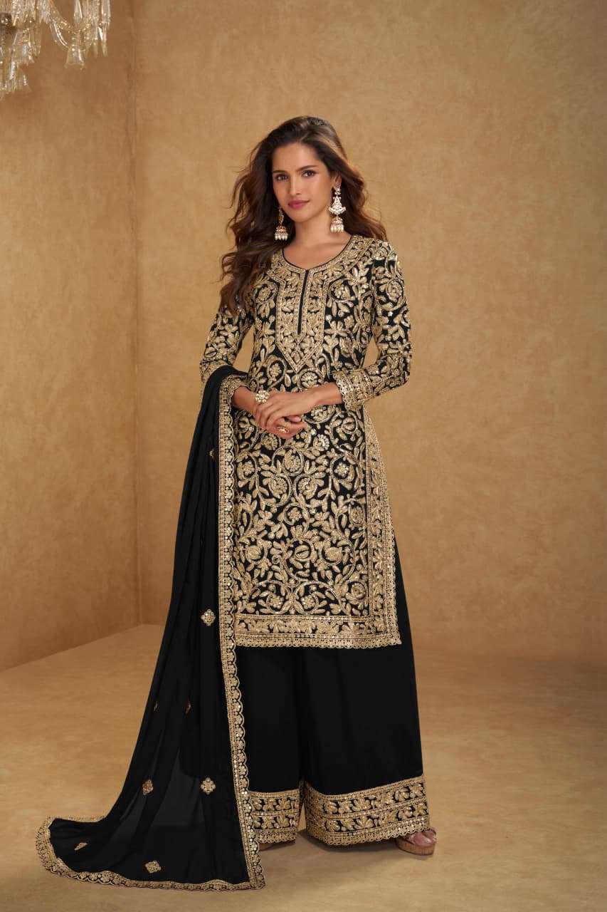 DESIGNER WEDDING PARTY WEAR REAL GEORGETTE HEAVY BLACK SHARARA PALLAZO SALWAR SUIT GL SUHANI 7672 D