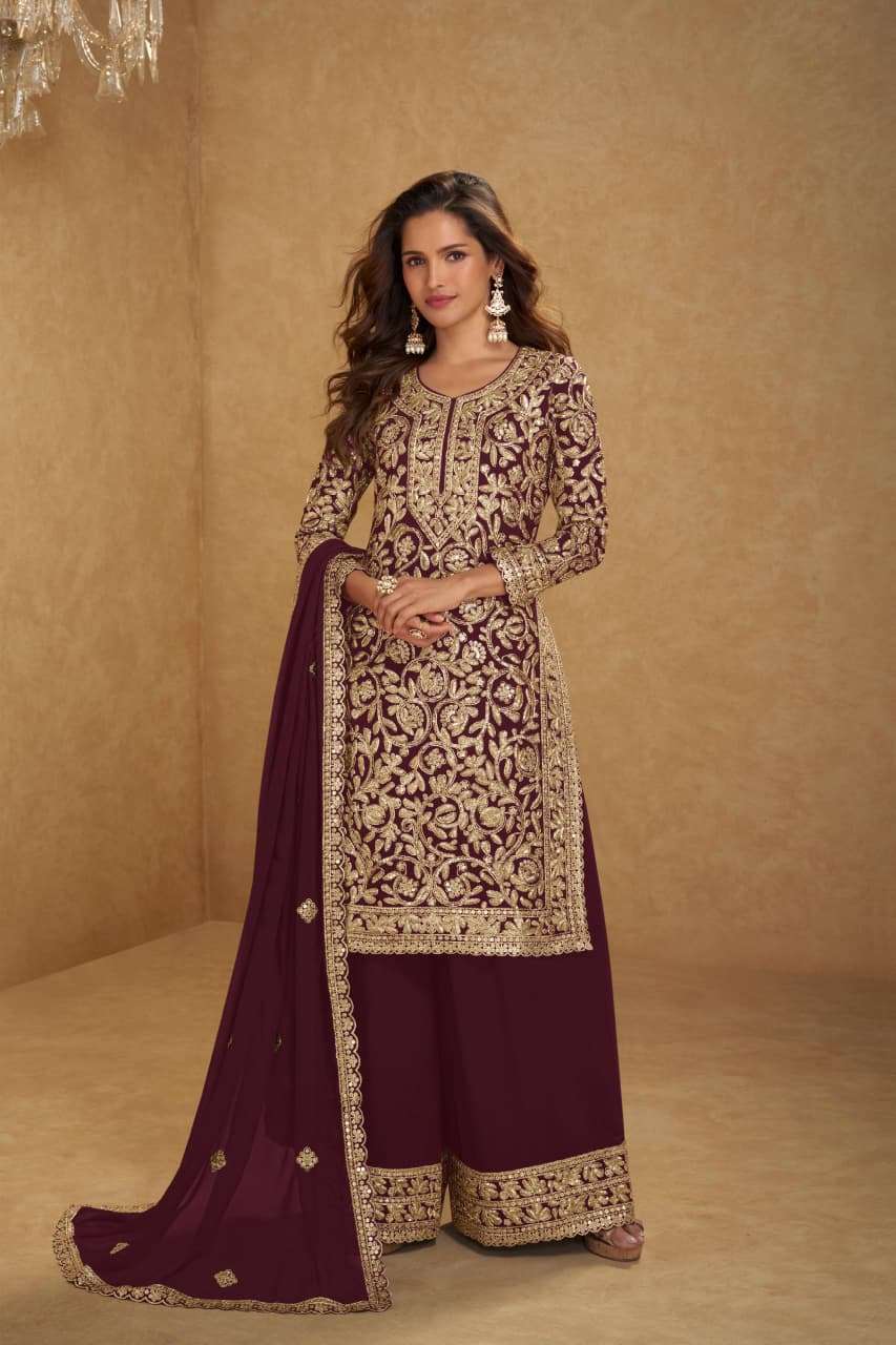 DESIGNER WEDDING PARTY WEAR REAL GEORGETTE HEAVY MAROON SHARARA PALLAZO SALWAR SUIT GL SUHANI 7672 C