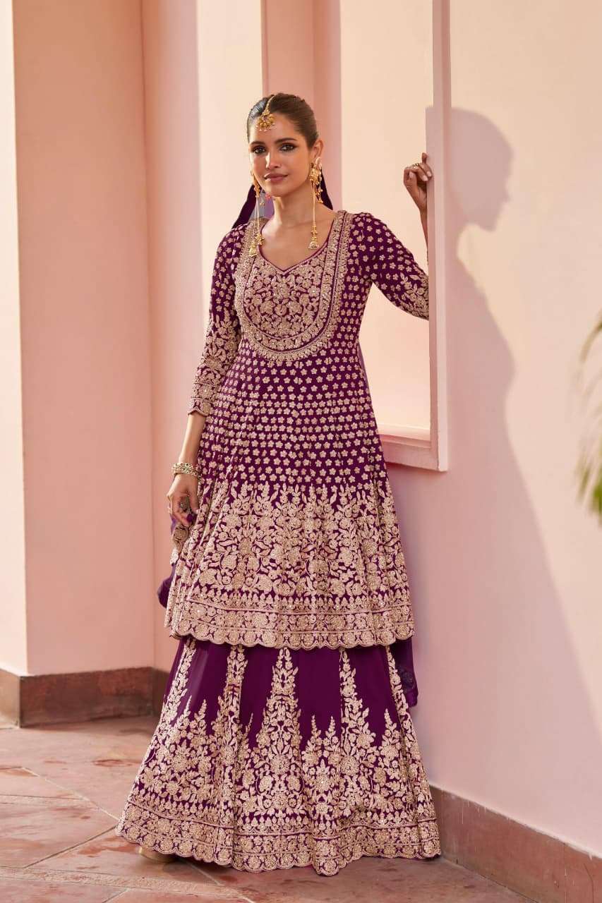 DESIGNER WEDDING PARTY WEAR REAL GEORGETTE HEAVY PURPLE SHARARA PALLAZO SALWAR SUIT GL ALIKA 7681 B
