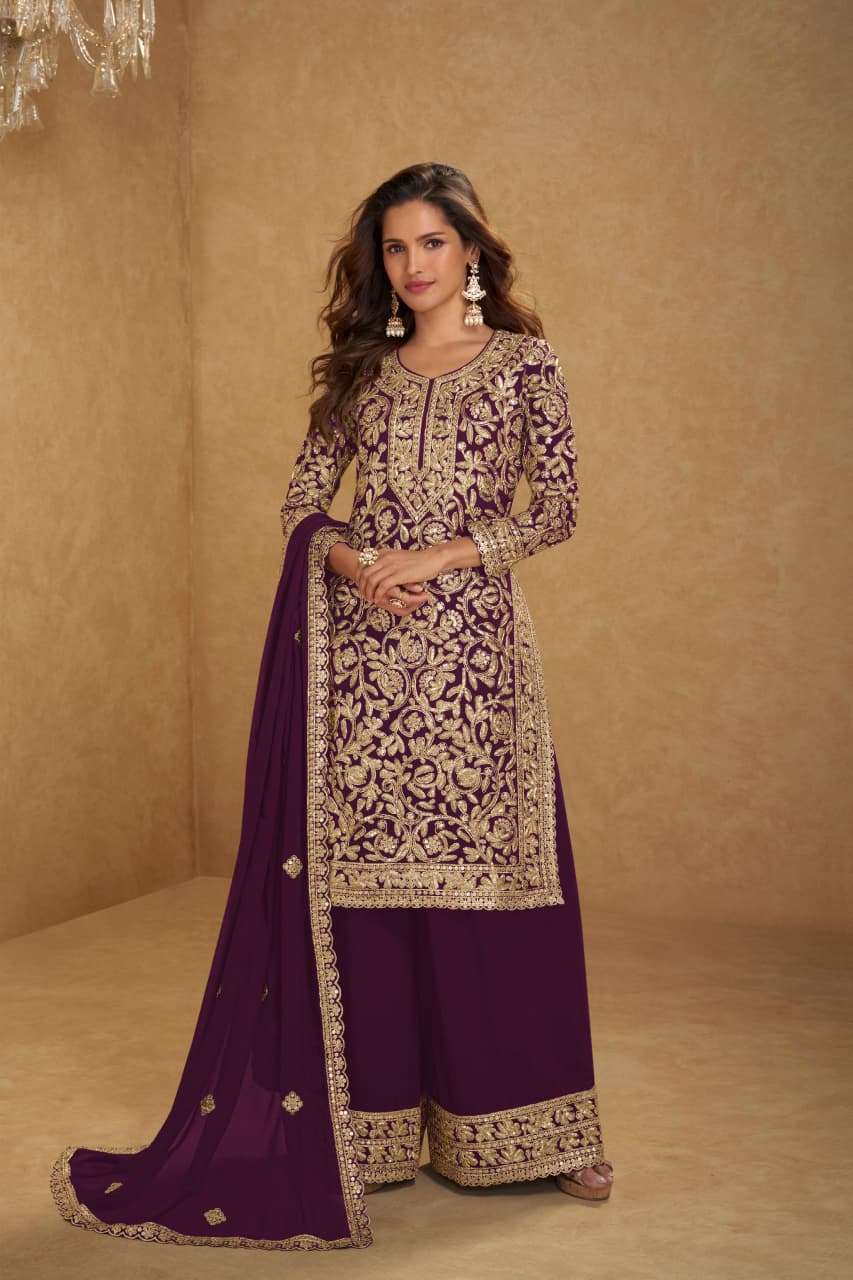 DESIGNER WEDDING PARTY WEAR REAL GEORGETTE HEAVY PURPLE SHARARA PALLAZO SALWAR SUIT GL SUHANI 7672 A