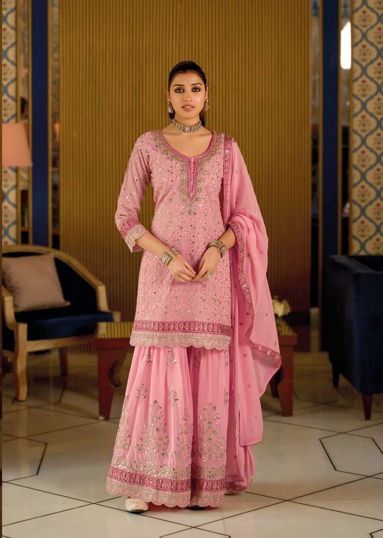 DESIGNER WEDDING PARTY WEAR REAL GEORGETTE LIGHT PINK SHARARA PALLAZO SALWAR SUIT EB ARMANI 2414