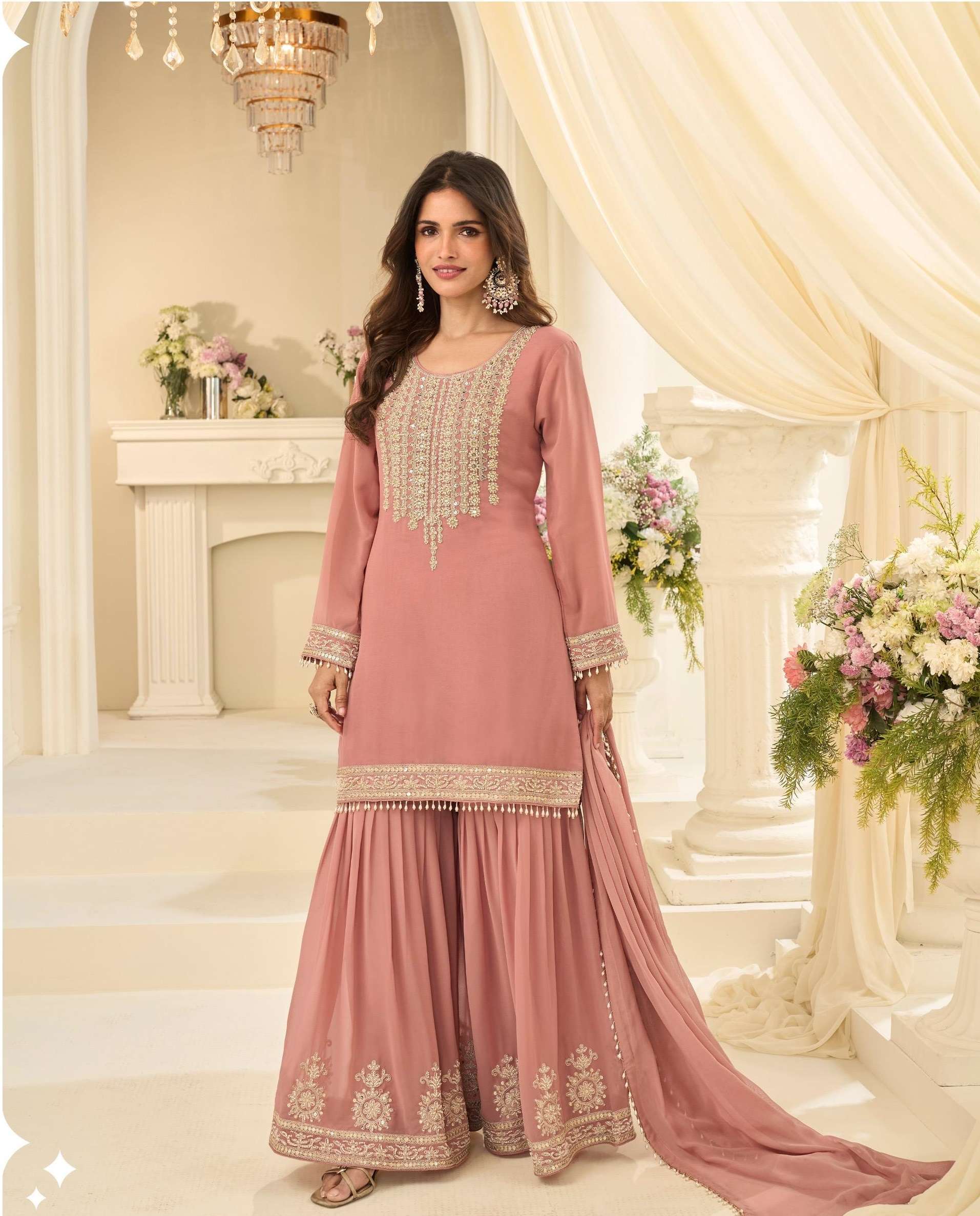DESIGNER WEDDING PARTY WEAR REAL GEORGETTE PEACH SHARARA PALLAZO SALWAR SUIT SY BANSURI 10188