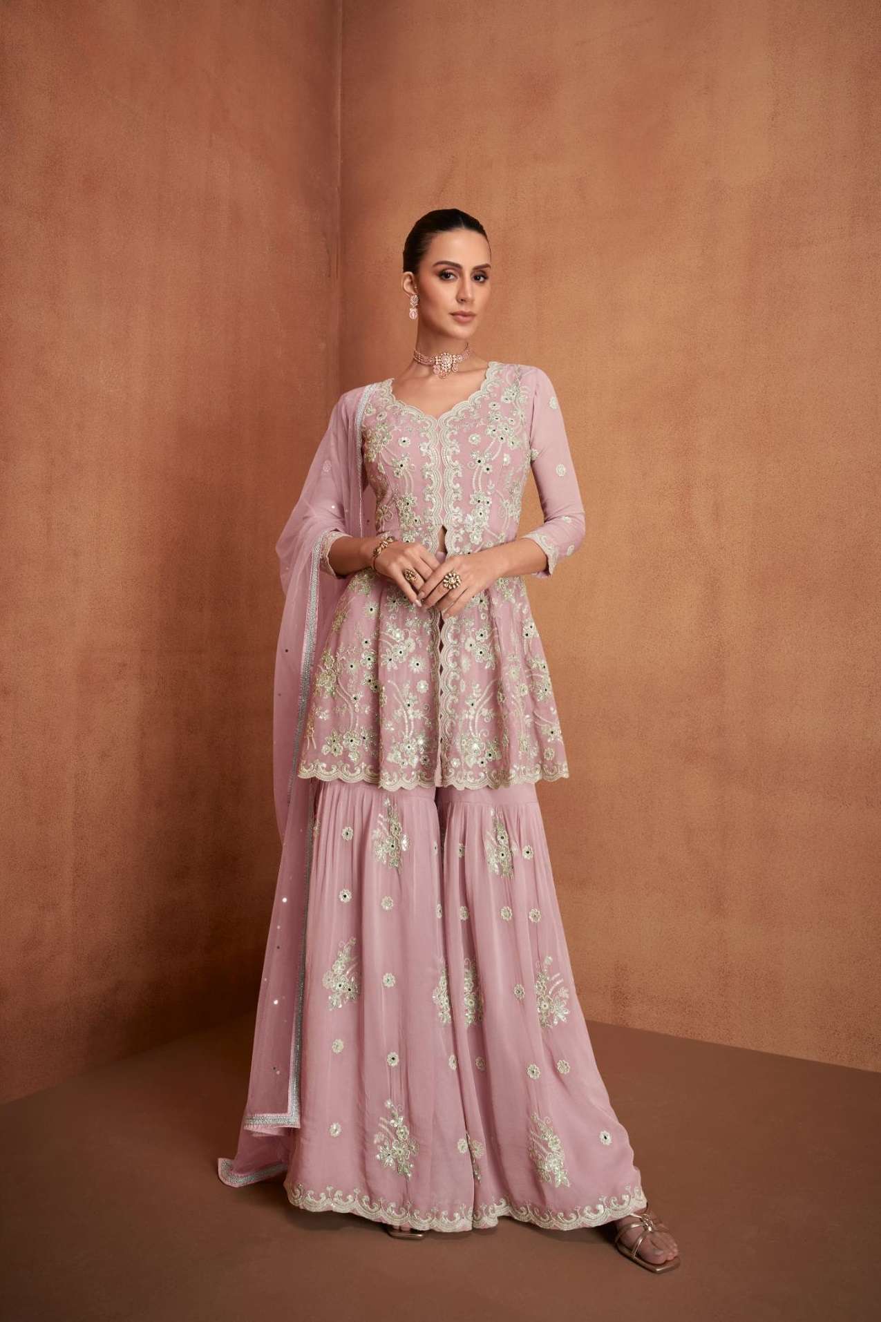 DESIGNER WEDDING PARTY WEAR REAL GEORGETTE PINK SHARARA PALLAZO SALWAR SUIT GL SIYONA 7553 AA