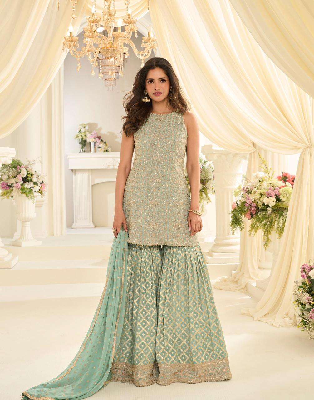 DESIGNER WEDDING PARTY WEAR REAL GEORGETTE PISTA GREEN SHARARA PALLAZO SALWAR SUIT SY VANYA 10223