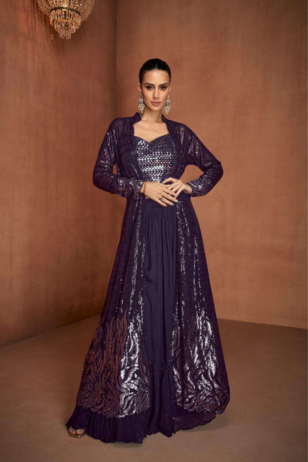 DESIGNER WEDDING PARTY WEAR REAL GEORGETTE PURPLE KOTI BLOUSE SHARARA SUIT LEHENGA STYLE GL VIVAH 7579 D
