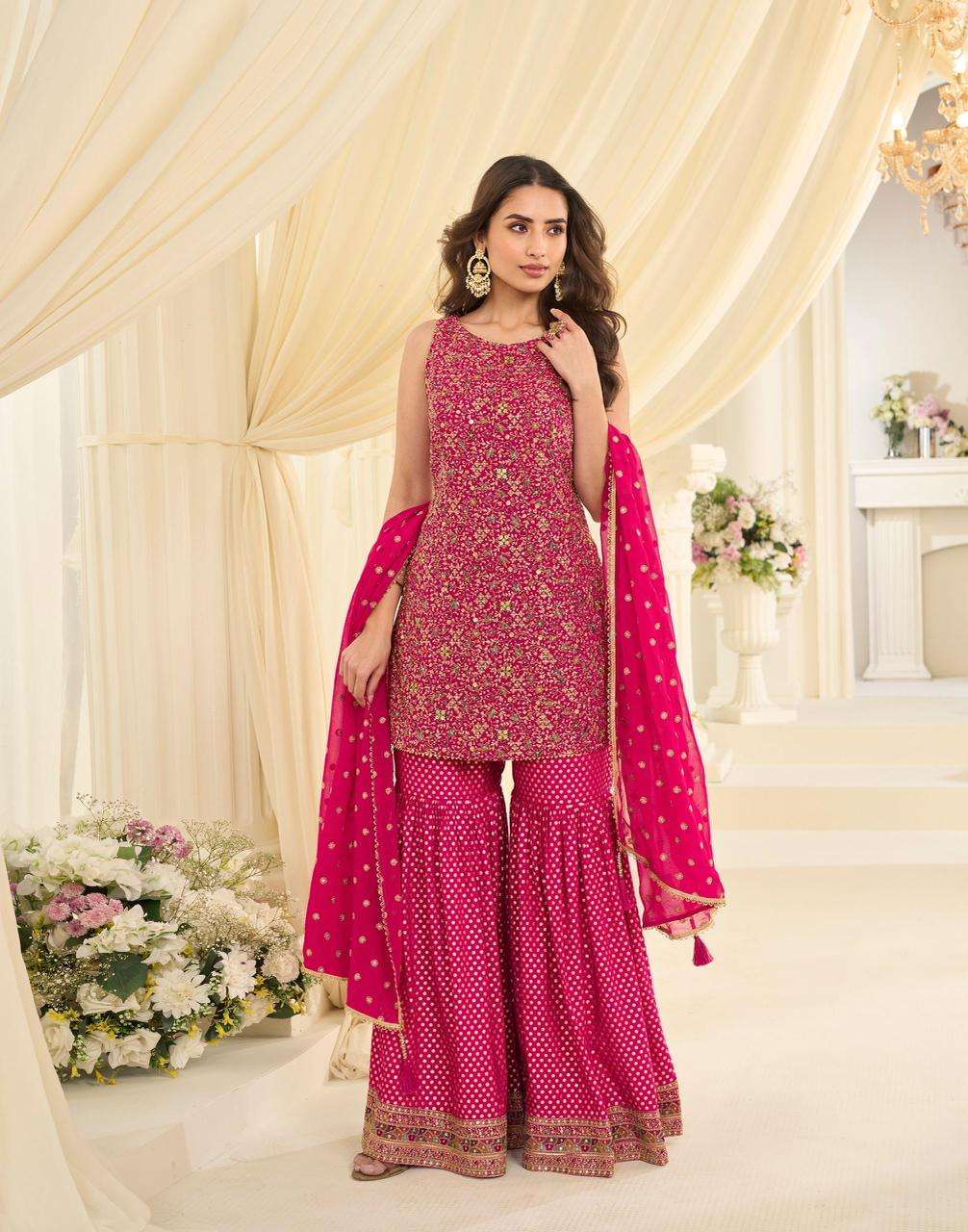 DESIGNER WEDDING PARTY WEAR REAL GEORGETTE RANI PINK SHARARA PALLAZO SALWAR SUIT SY VANYA 10221