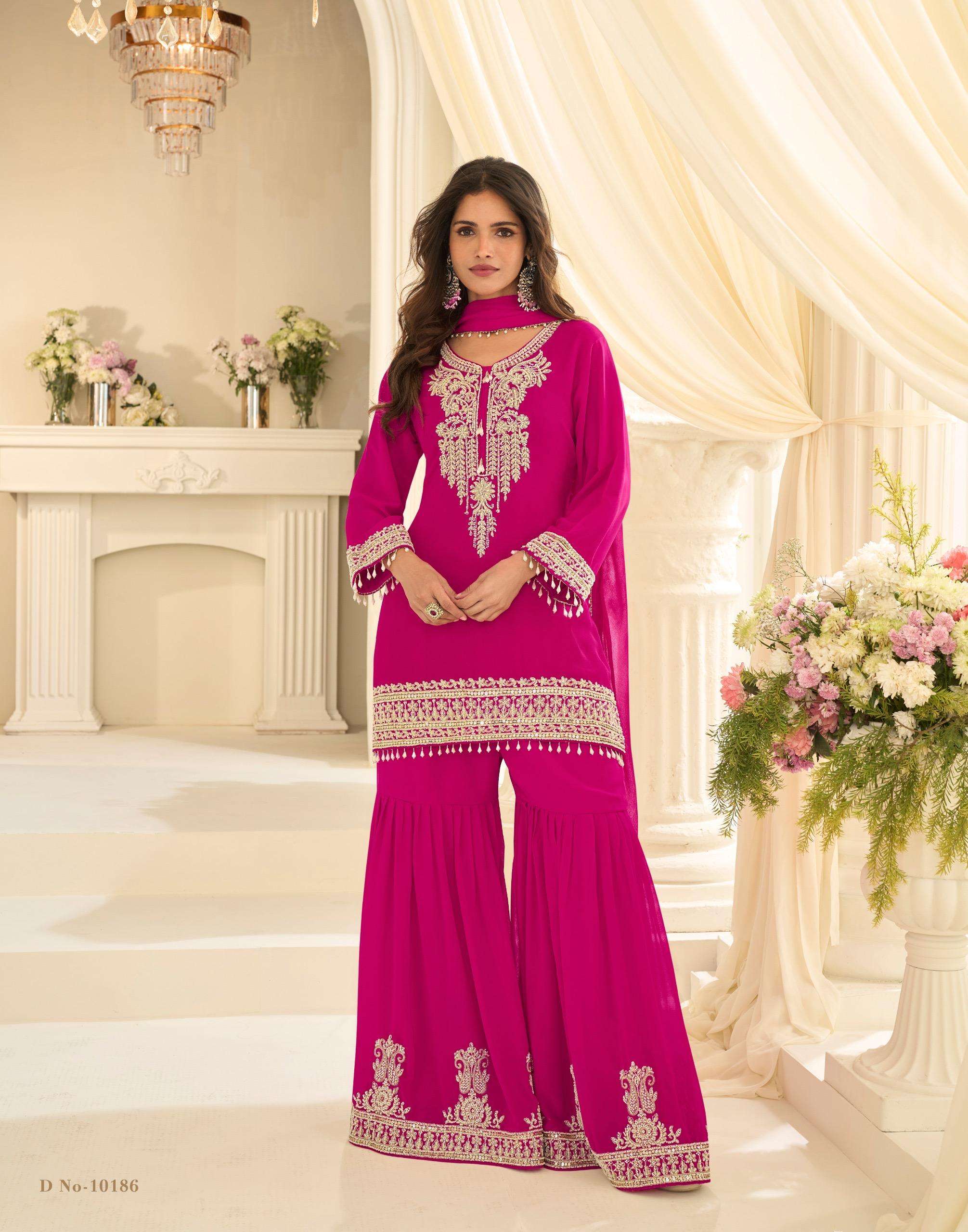 DESIGNER WEDDING PARTY WEAR REAL GEORGETTE RANI PINK SHARARA PALLAZO SALWAR SUIT SY BANSURI 10186