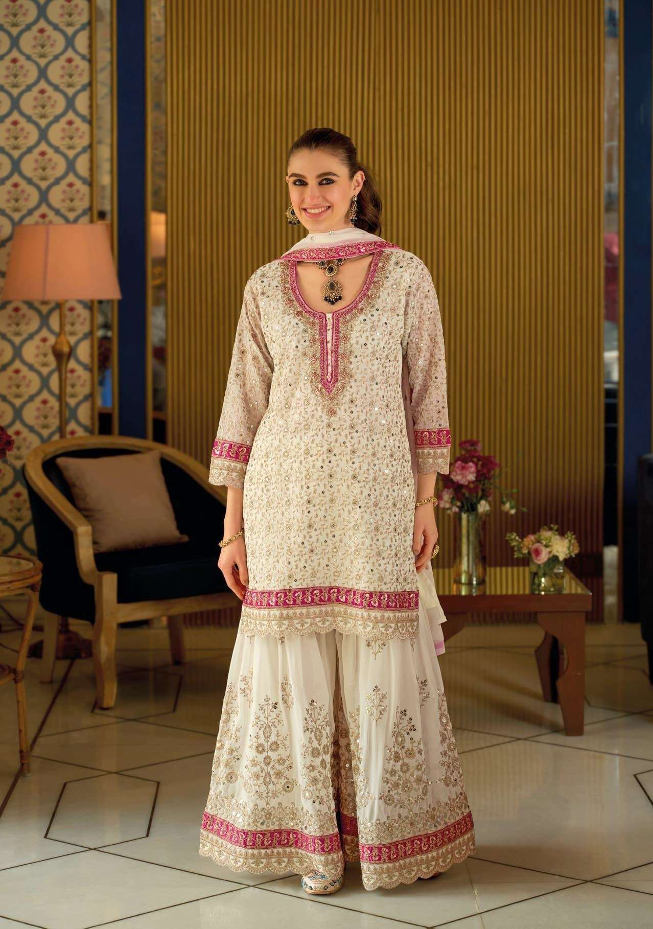 DESIGNER WEDDING PARTY WEAR REAL GEORGETTE WHITE SHARARA PALLAZO SALWAR SUIT EB ARMANI 2415