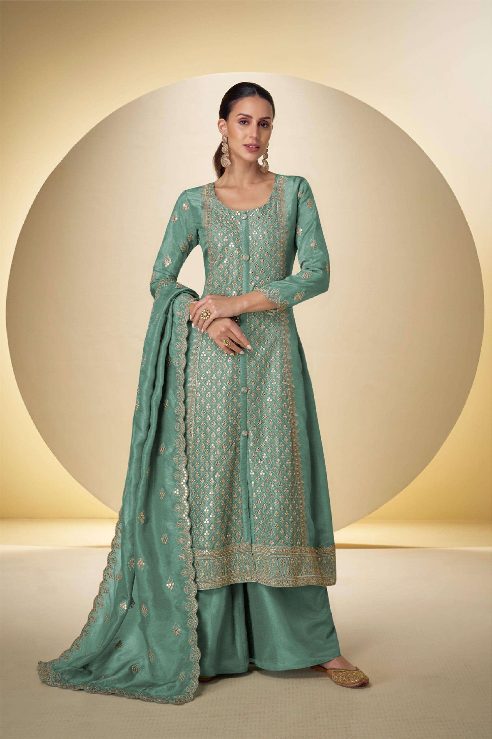 DESIGNER WEDDING PARTY WEAR REAL SIMER SILK GREEN PALAZZO SHARARA SALWAR SUIT GL SAKHI 7651 A