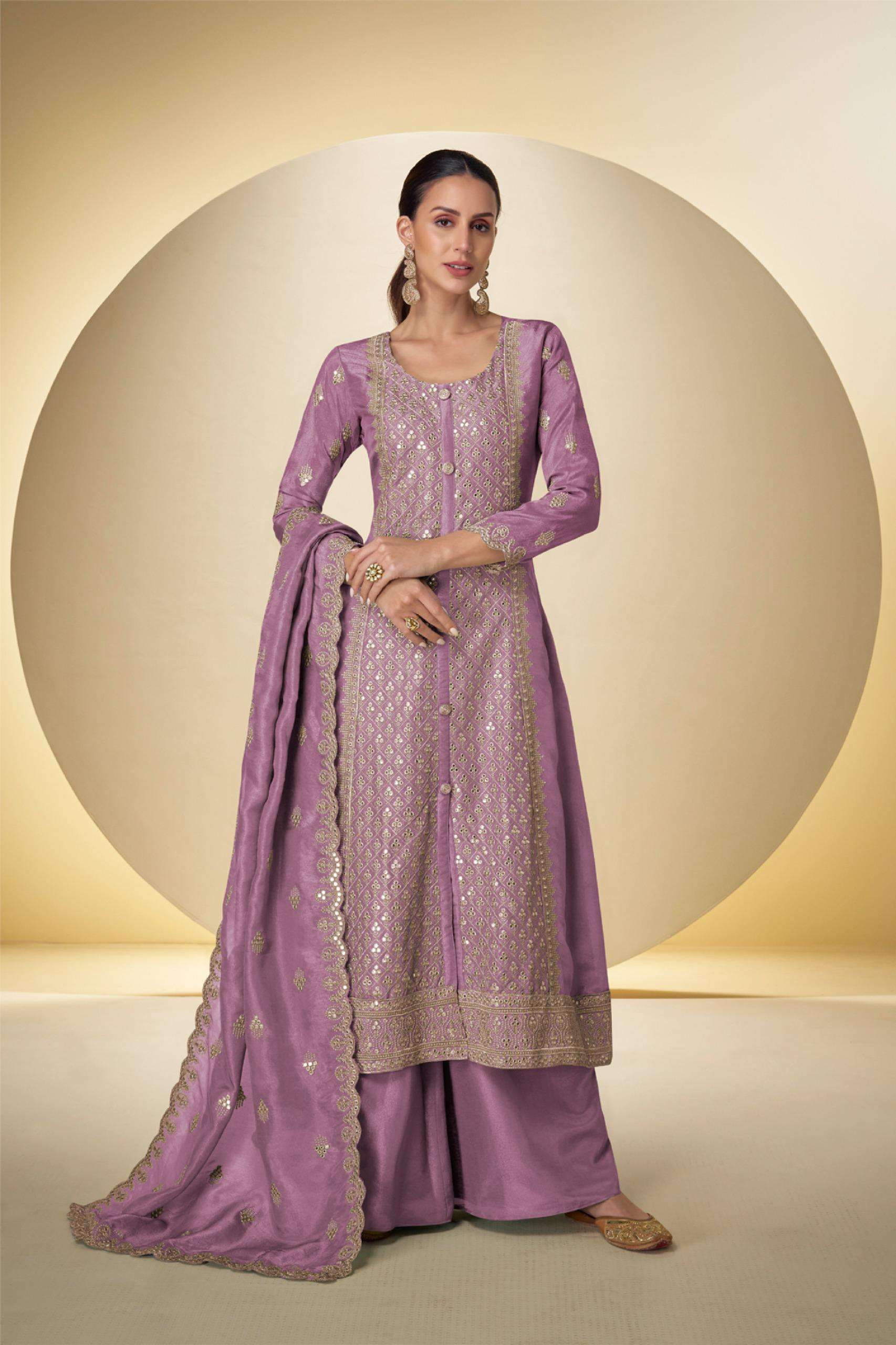 DESIGNER WEDDING PARTY WEAR REAL SIMER SILK LAVENDER PALAZZO SHARARA SALWAR SUIT GL SAKHI 7651 B