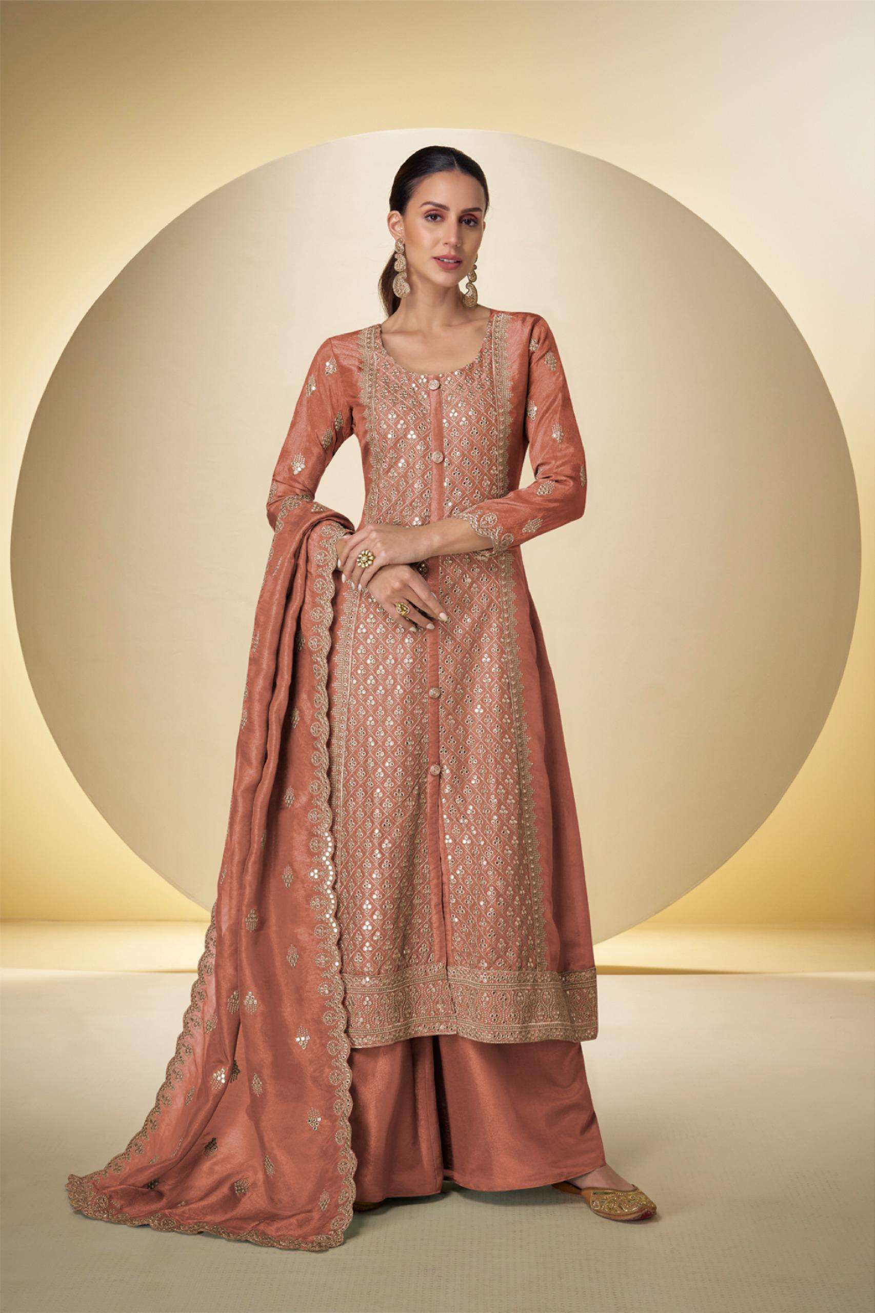 DESIGNER WEDDING PARTY WEAR REAL SIMER SILK ORANGE PALAZZO SHARARA SALWAR SUIT GL SAKHI 7651 C